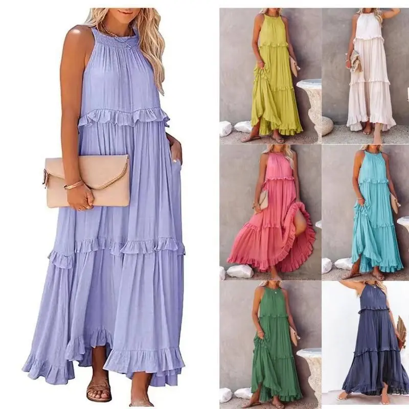 2025 Summer Women's Resort Style Ruffle Maxi Dress – Flowy Beach Cover-Up for Vacation & Party red  cheetah  print  outfit