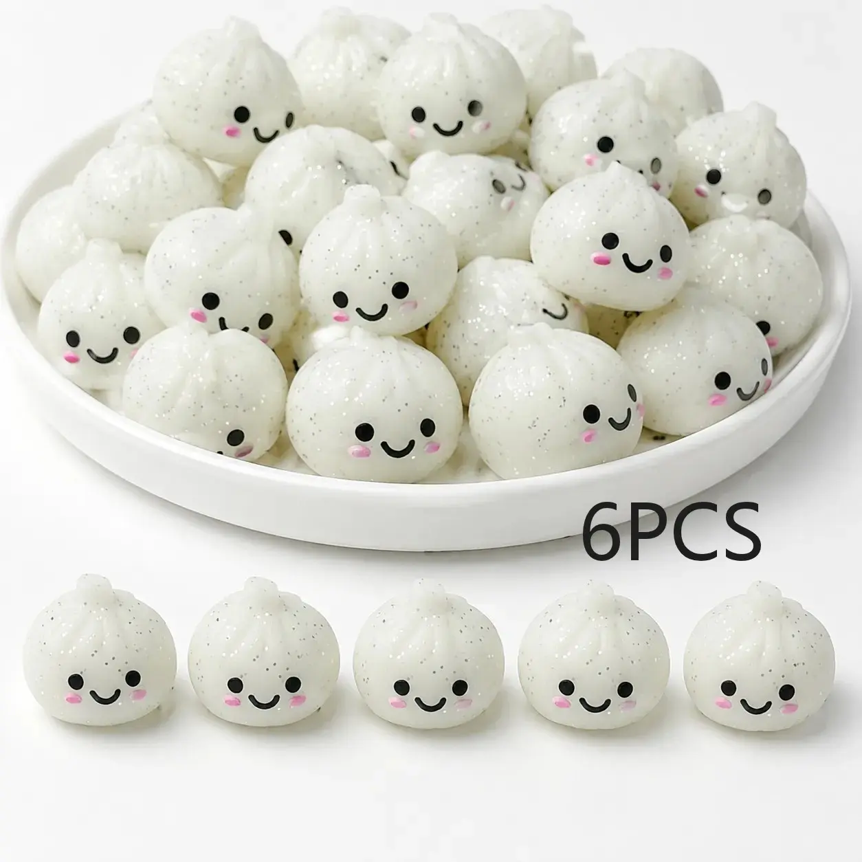 5-Pack 3D White Glitter Dumpling Cute Animal Silicone Beads, DIY Pen Charms, Keychain Accessories, Handmade Craft Beads