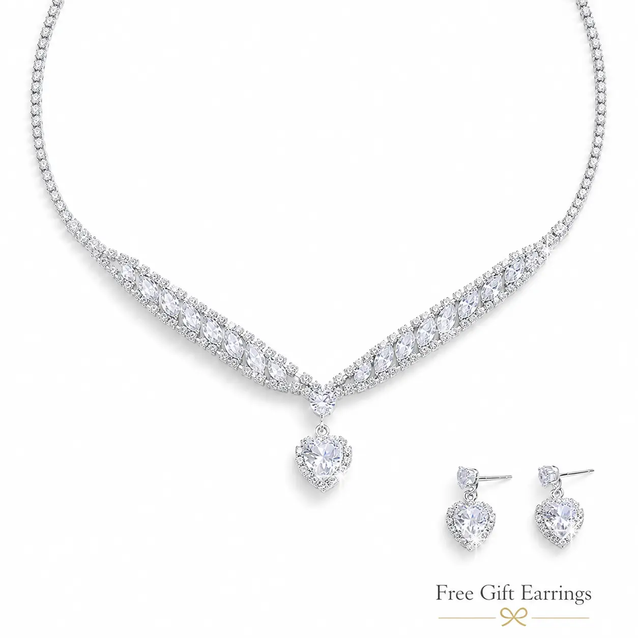 Sparkly Heart Pendant Necklace for Women, V-Shaped Cubic Zirconia Tennis Necklace, Elegant Clavicle Chain with Matching Heart Earrings Included