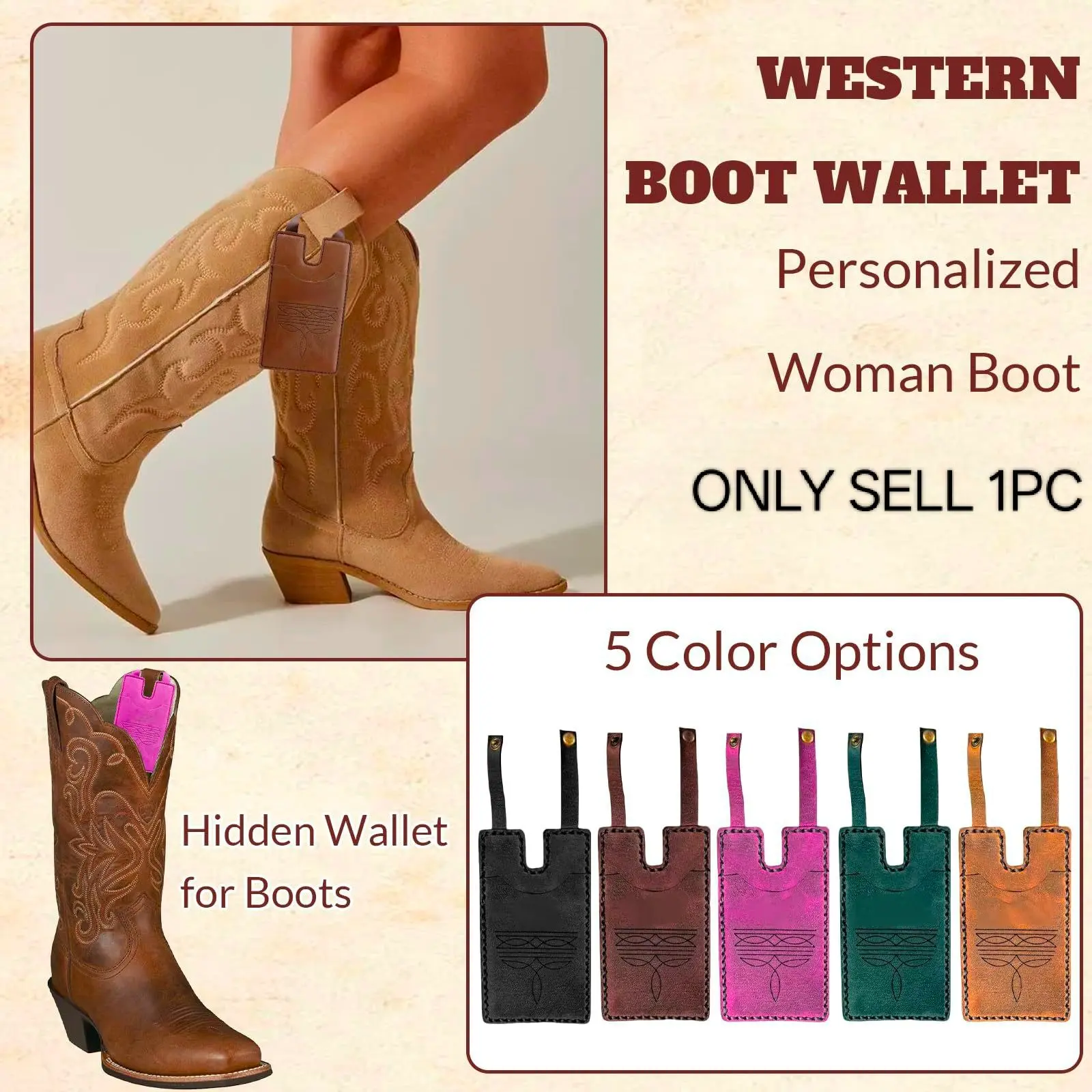 1PC Western Boot Wallet with Snap Strap, PU Leather Hidden Boot Card Holder, Western Cowboy Cowgirl Boot Pocket Pouch, Slim ID Credit Card Sleeve For Cowboy Boots, Stylish Western‑Style Gift For Country Lovers Women Men