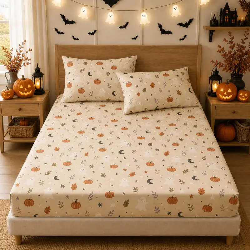 3pc Halloween Pumpkin Print Bed Fitted Sheet, Holiday Bedding, Soft Breathable Bedding, Includes 1 Bed Fitted Sheet and 2 Pillowcases, All Seasons