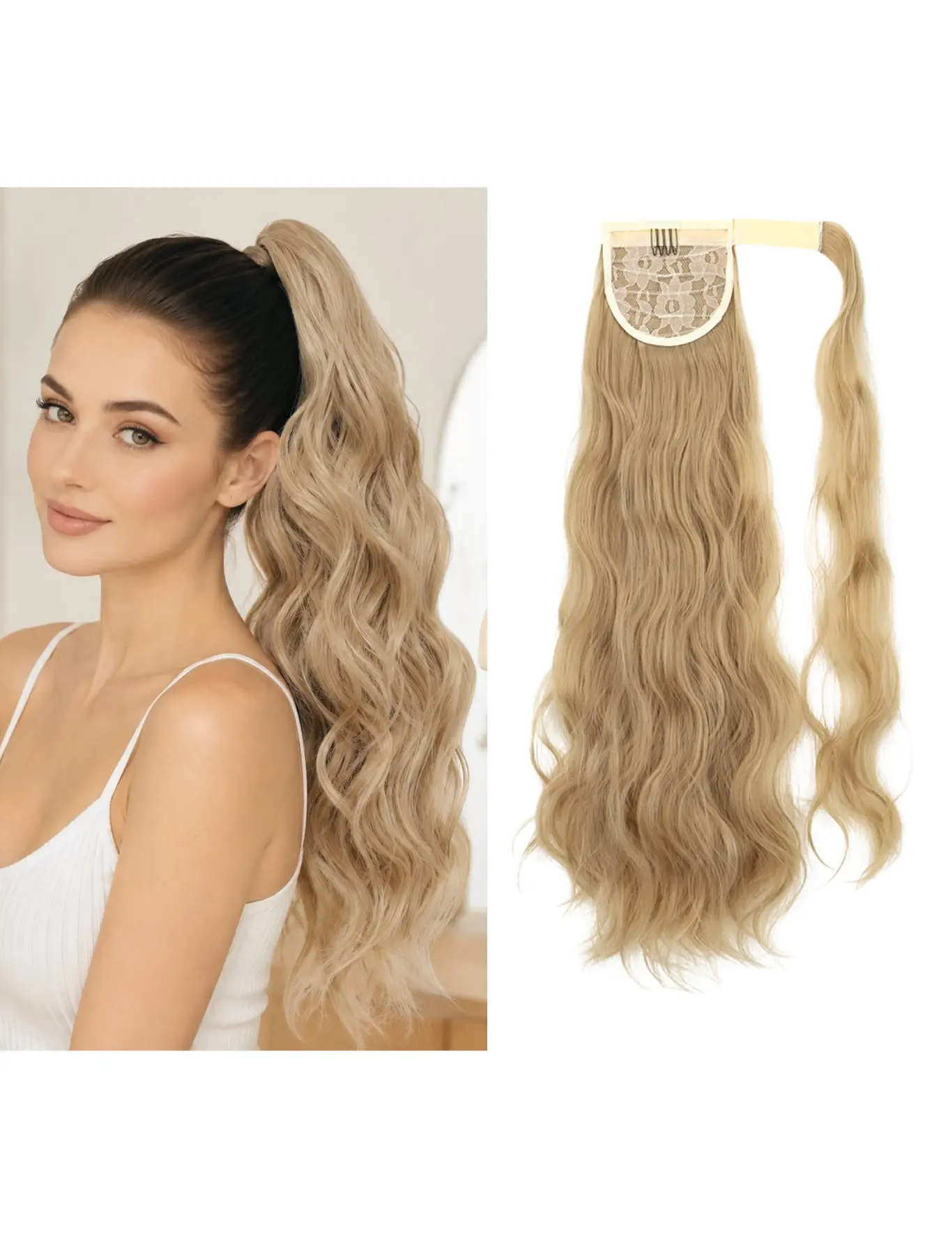 Wrap magic tape ponytail extension braid, 22 inch synthetic fiber water wave hair piece, soft and elastic, adjustable size strap for quick installation of daily party styling hair accessories suitable for female teenagers, girls, beginners