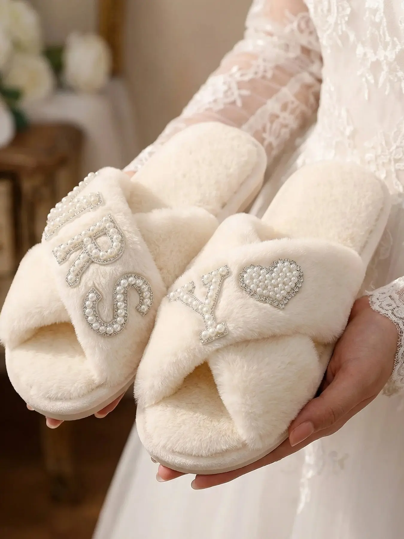 Ivory Cross Band Fuzzy Bride Slippers With Pearl Rhinestone MRS Letter & Pearl Heart, Open Toe Soft Plush Warm Indoor Slides, Non Slip, Rubber Sole, Matching Wedding Robe, Bridal Shower Honeymoon Gift, Photo Prop For Wedding B, Footwear