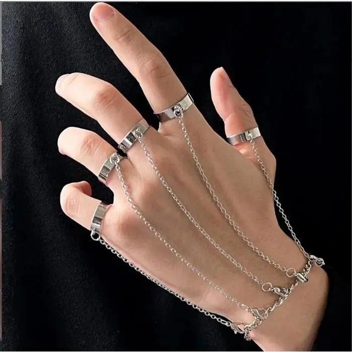 Gothic Punk Finger Ring Bracelet Connected Hand Chain Jewelry Minimalist Link Slave Cuff Adjustable Egirl Aesthetic Accessories for Women Party Daily Wear Tiktok Viral Item