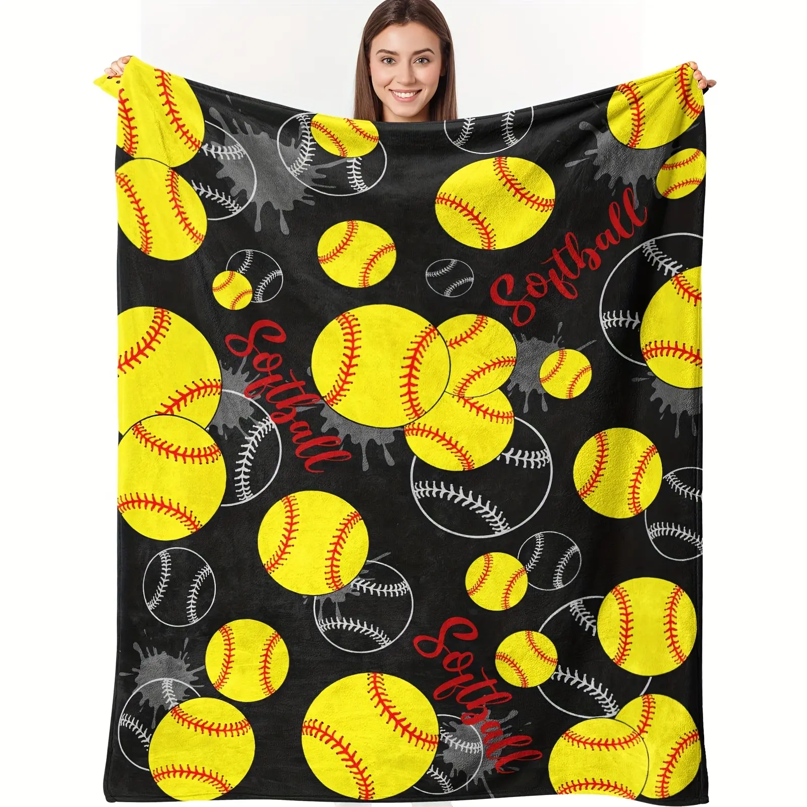 Softball Print Flannel Blanket, Yellow Softball Sport Theme Flannel Throw, Lightweight Warm Cozy Decorative Throw for Bedroom Living Room Sofa Couch Bed Travel Camping, Ideal Sport Lovers Gift for Home Daily Use All Seasons