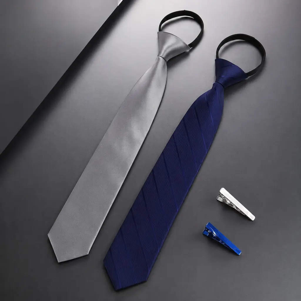 Men’s 2-Pack 8CM Width Satin Pre-Tied Zipper Lazy Neckties, Wrinkle-Resistant Polyester Quick-Wear Zip-Up Accessories With 2 Metal Tie Clips For Business Office Wedding Formal Suits