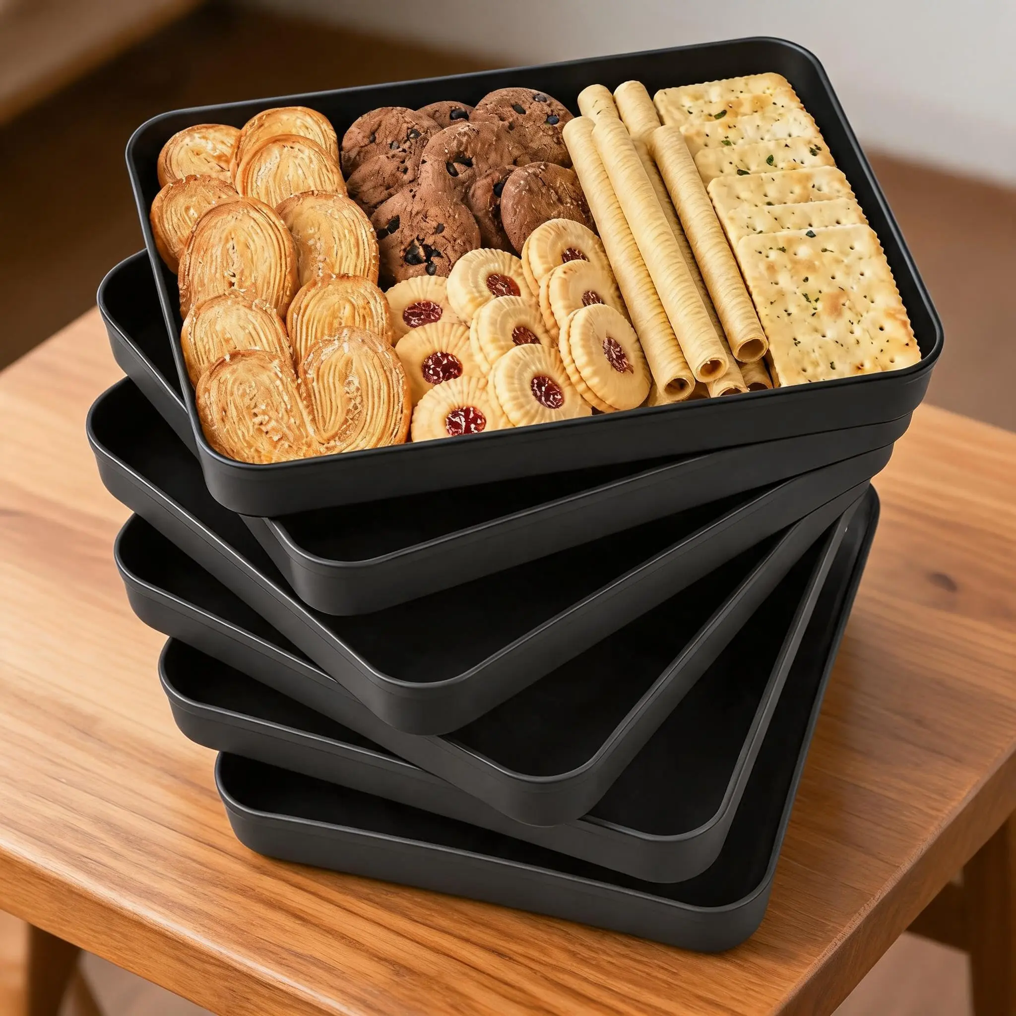 Garvee 6 Pack Plastic Serving Tray, 15 x 10.5 x 1.5 Inch Large Rectangular Food Tray, PP Shatterproof Reusable Tray for Party, Buffet, Catering, Black