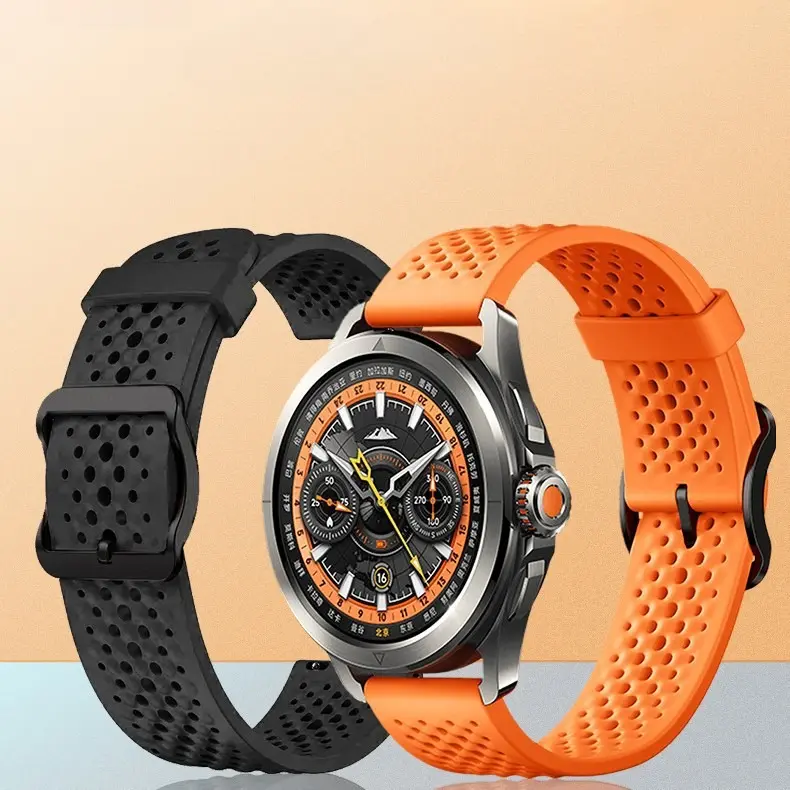 Breathable Perforated Silicone Watch Strap With Quick Release Pin Buckle, Sweat Wicking Skin Friendly Sport Replacement Band In 20mm & 22mm Width, Compatible With Xiaomi Huawei Samsung Garmin Round Smart Watch For Running Gym Daily Workout Only Watch Band