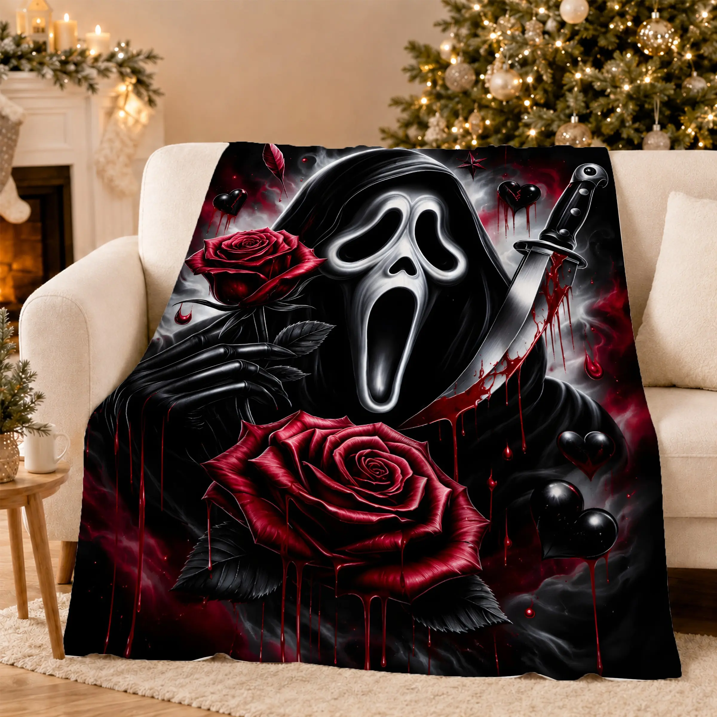 Scary Ghostface Flannel Blanket, ghostface crochet blanke,Soft Lightweight Warm, All-Season Sofa Bed Throw, Halloween Home Decor, Movie Fan Gift