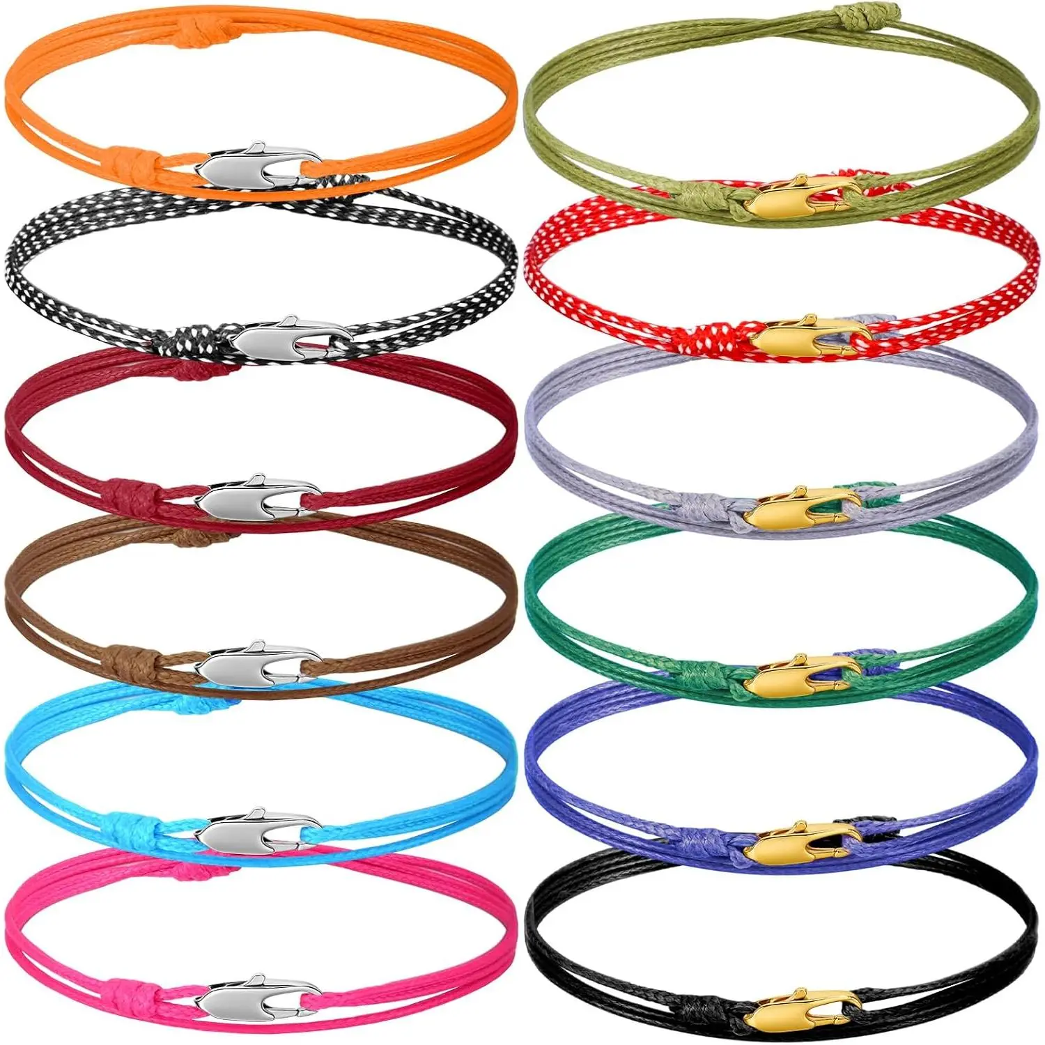 12 count Surfer Bracelets for Men & Women - Colorful Thin Cord Wrap Bracelets with Snap Hook,  & Adjustable - Stackable As Anklets for Beach, Outdoor, Daily Wear