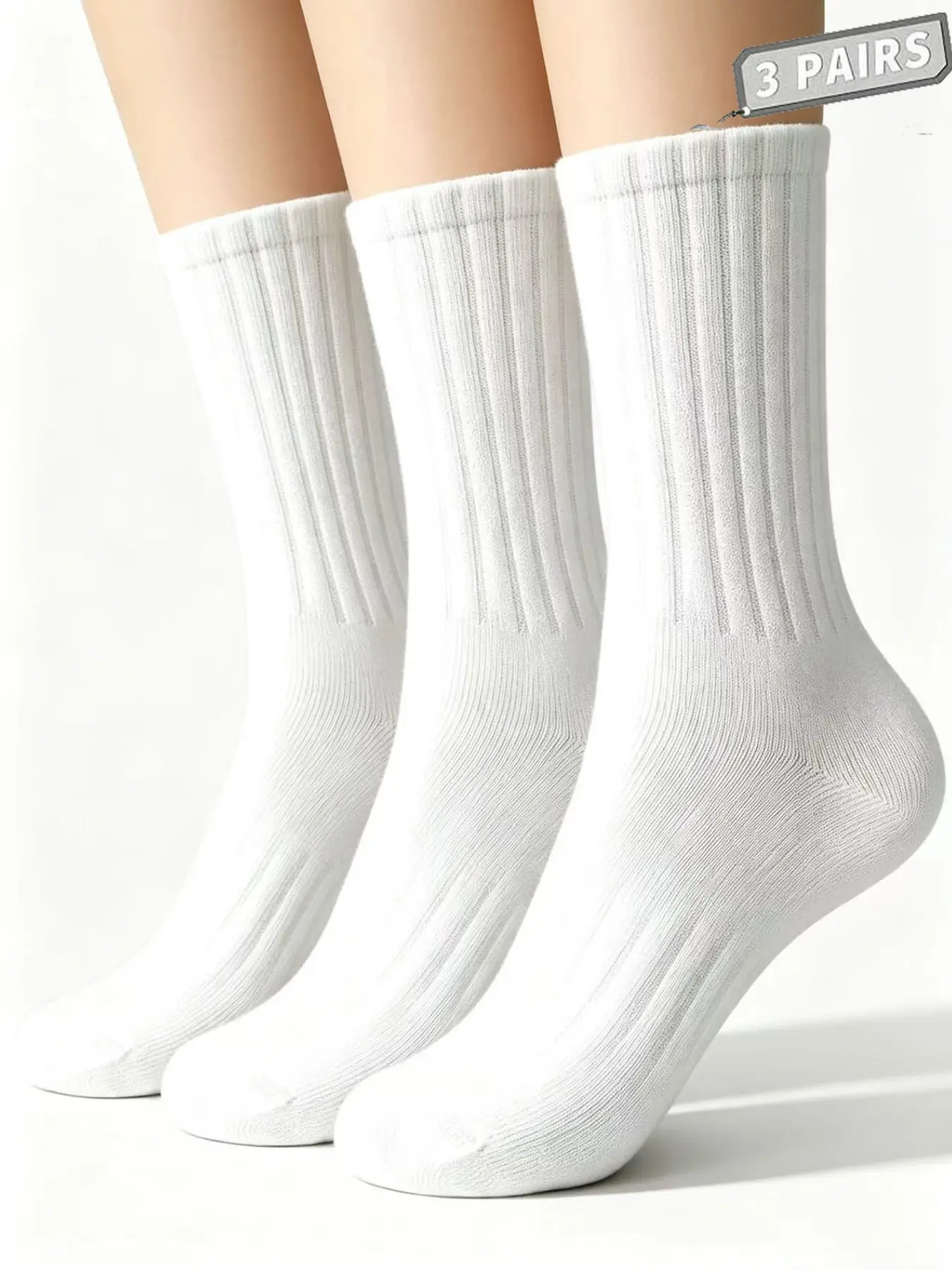 3 Pairs Plain Crew Socks, Thick Towel Fabric Shock Absorption Arch Support, Cotton Moisture-Wicking Sport Mid-Calf Socks, Unisex, Basketball, Running
