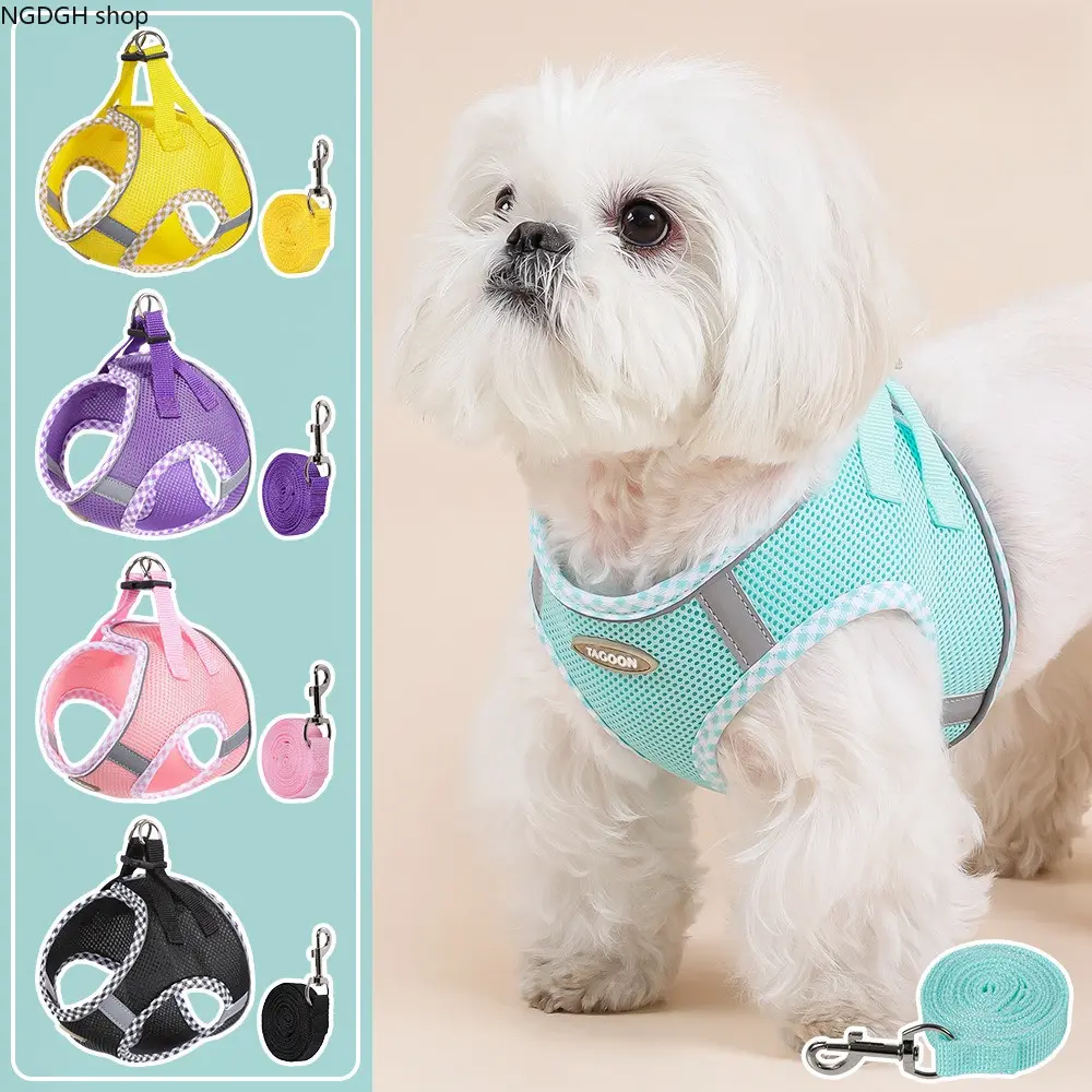 Breathable Mesh Dog Harness Vest Set with Leash, Adjustable for Small and Medium Dogs, Comfortable with Reflective Strips for Walking, Harnesses