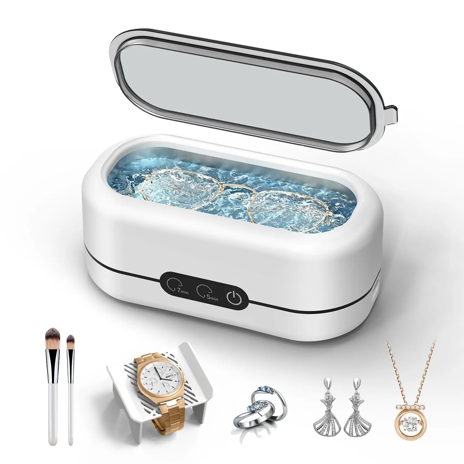 Ultrasonic Jewelry Cleaner, 48KHz Ultrasonic Cleaner Machine for Jewelry, Eyeglasses, Rings, Watch Strap, Dentures- Dual Cleaning Modes, 304 Stainless Steel Tank - White