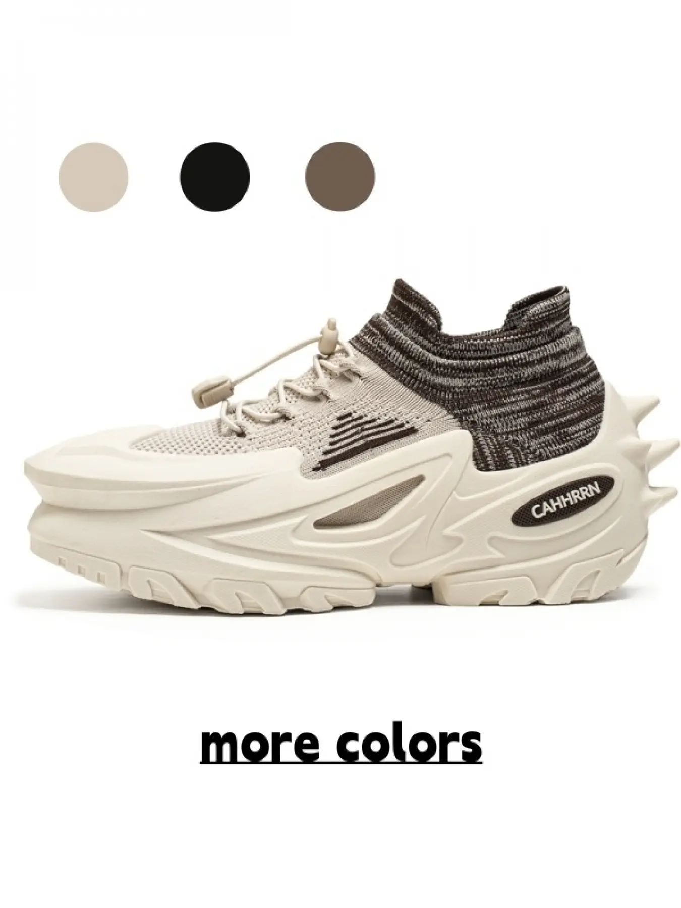 Men's Off-white & Brown Gradient Flyknit Mesh Techwear Sneakers, Drawstring Buckle Irregular Chunky Sole Anti-slip & Wear-resistant Shoes for Streetwear & Outdoor Casual Wear