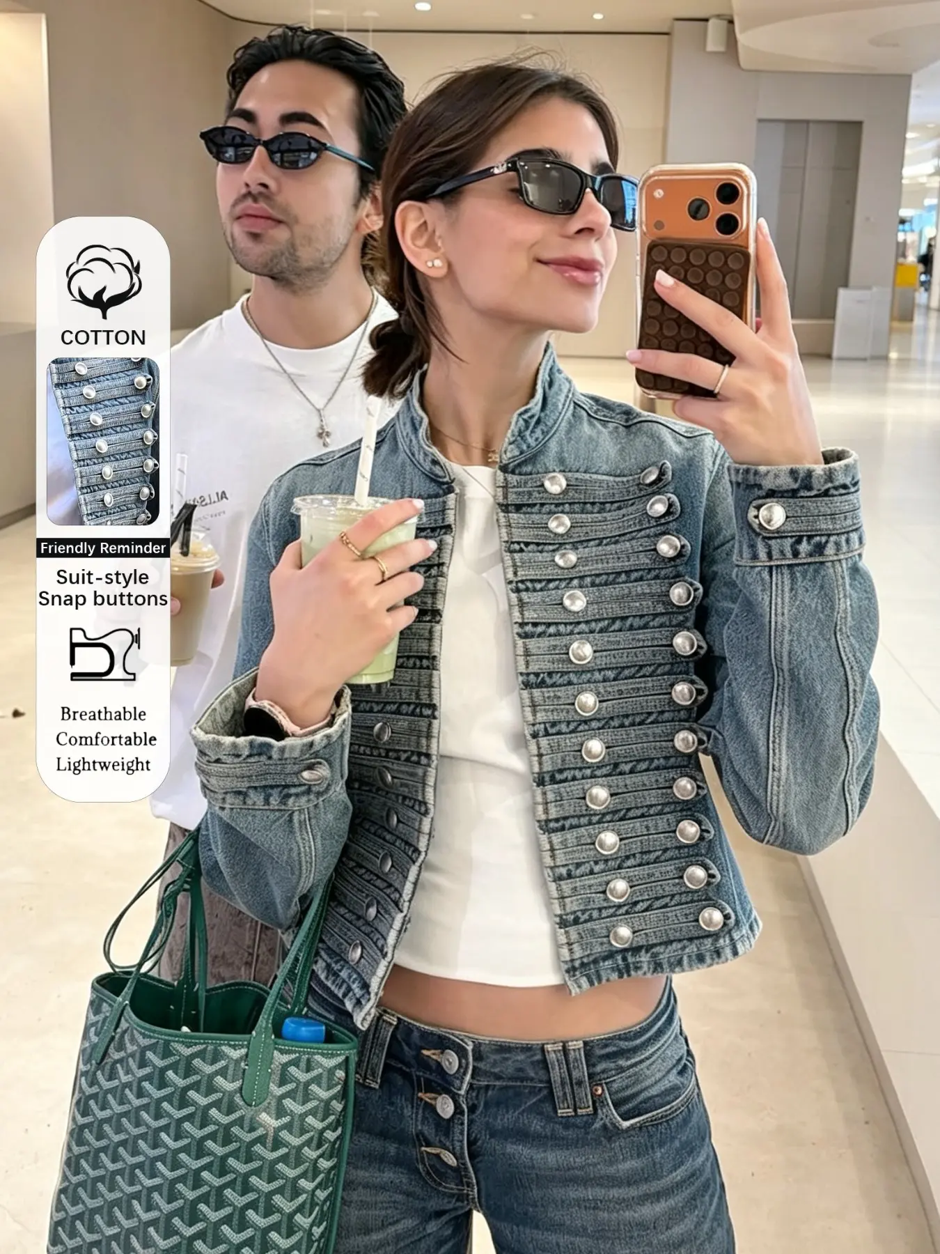 New Tea Flower Autumn Winter European Minimalist Fitted Jeans Jacket for Women, Military Vintage Short Coat, Street Fashion Everyday Button Design