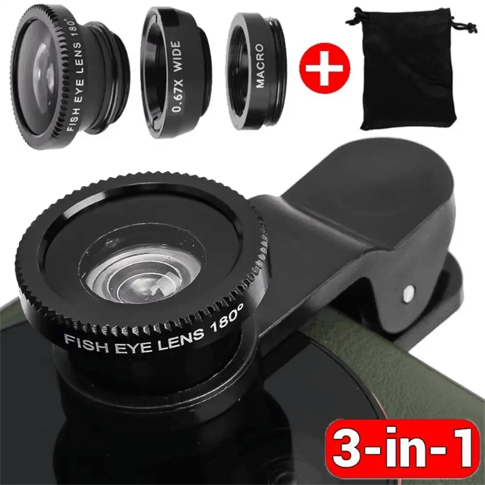 Universal 3-in-1 Mobile Fisheye 0.67x Wide-Angle Macro Lens, compatible with smartphones, includes phone clip, Phone Camera Lens