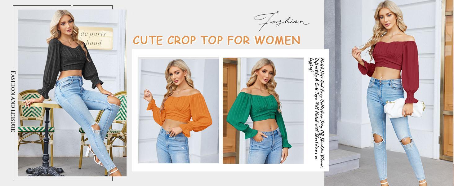 Danedvi Womens Elegant Off The Shoulder Puff Sleeve Blouse Summer Chiffon Slim Fit Party Crop Top streetwear  women Shirts Casual