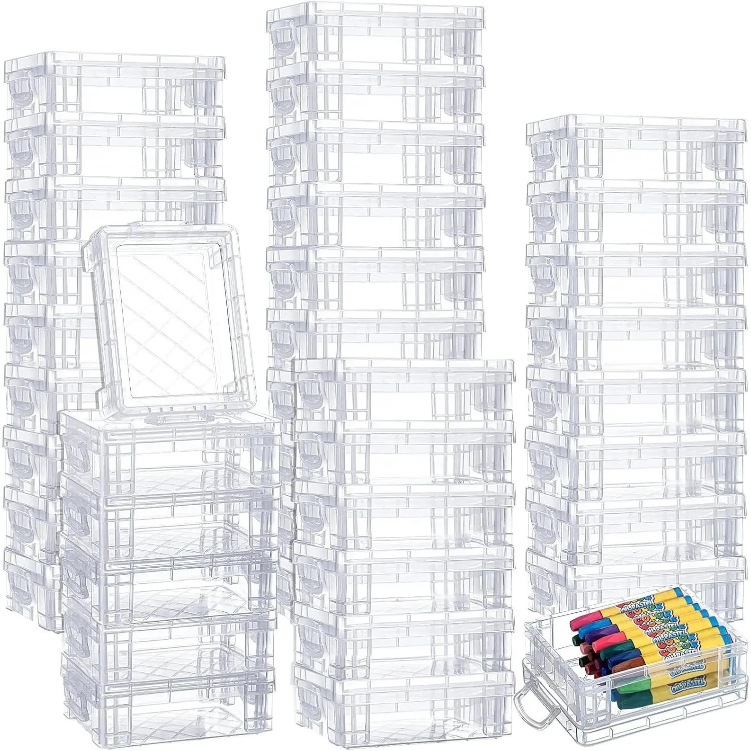 40 Pcs Clear Stackable Plastic Crayon Boxes with Snap Lid, Hold 24 Crayons, Storage Container for School Office Classroom Pen Pencil Craft Supplies