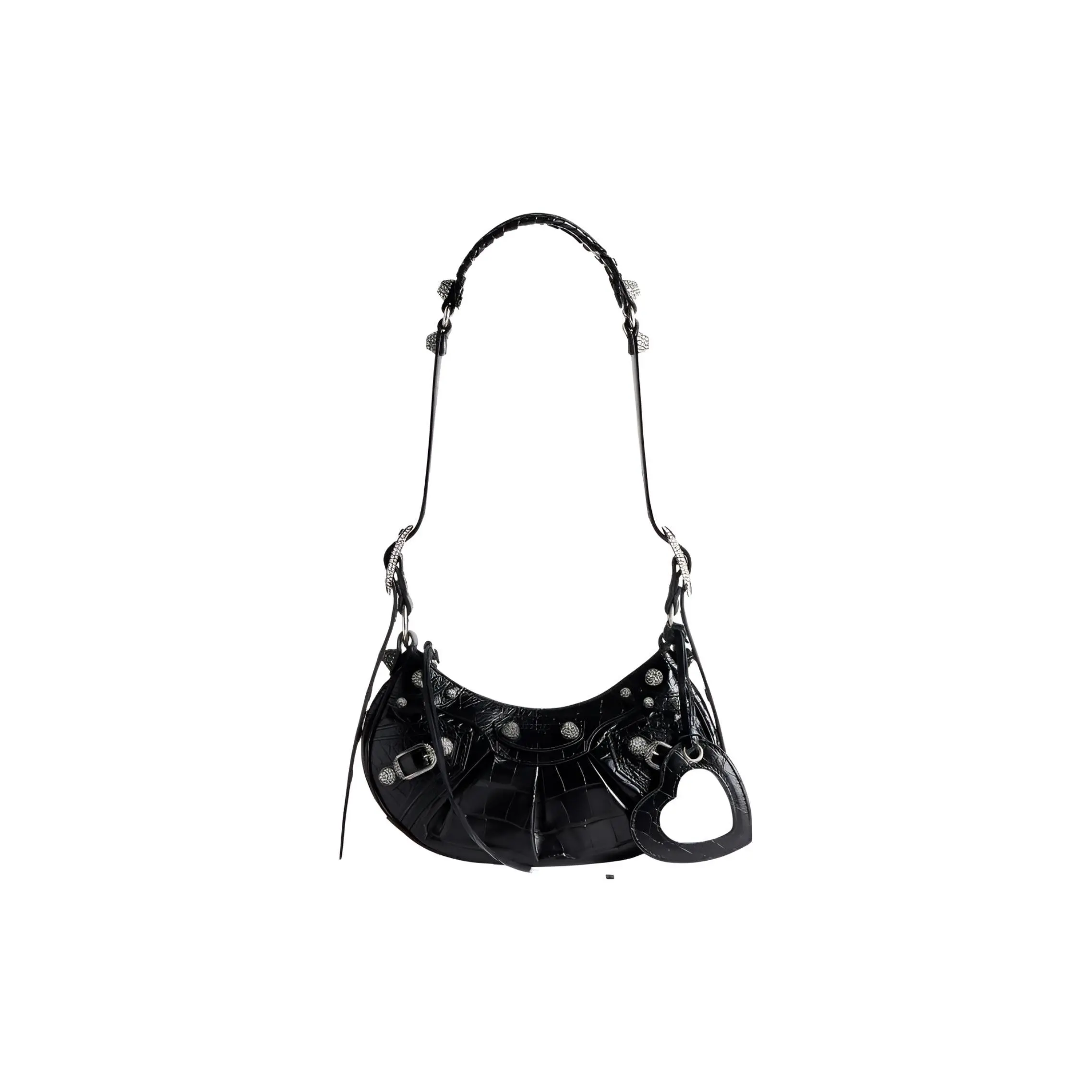 Balenciaga Le Cagole Rhinestone-Studded Croc-Embossed Leather Crescent Bag for Women, Black
