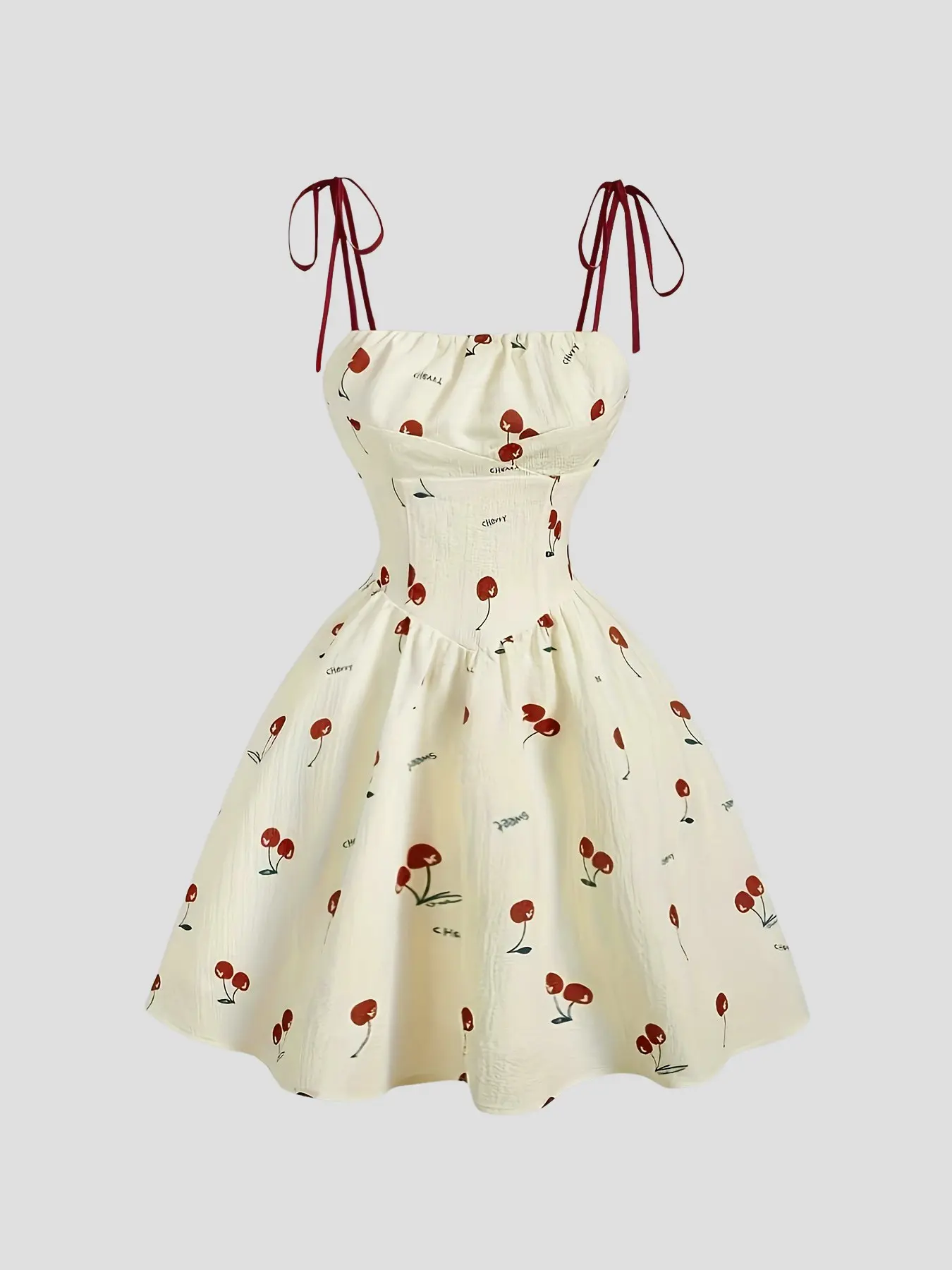 1 Piece Adjustable Tie Thin Straps Tube Top Cross Ruched Waist Cherry Print Feminine High Waist A-Line Mini Dress Casual Dress