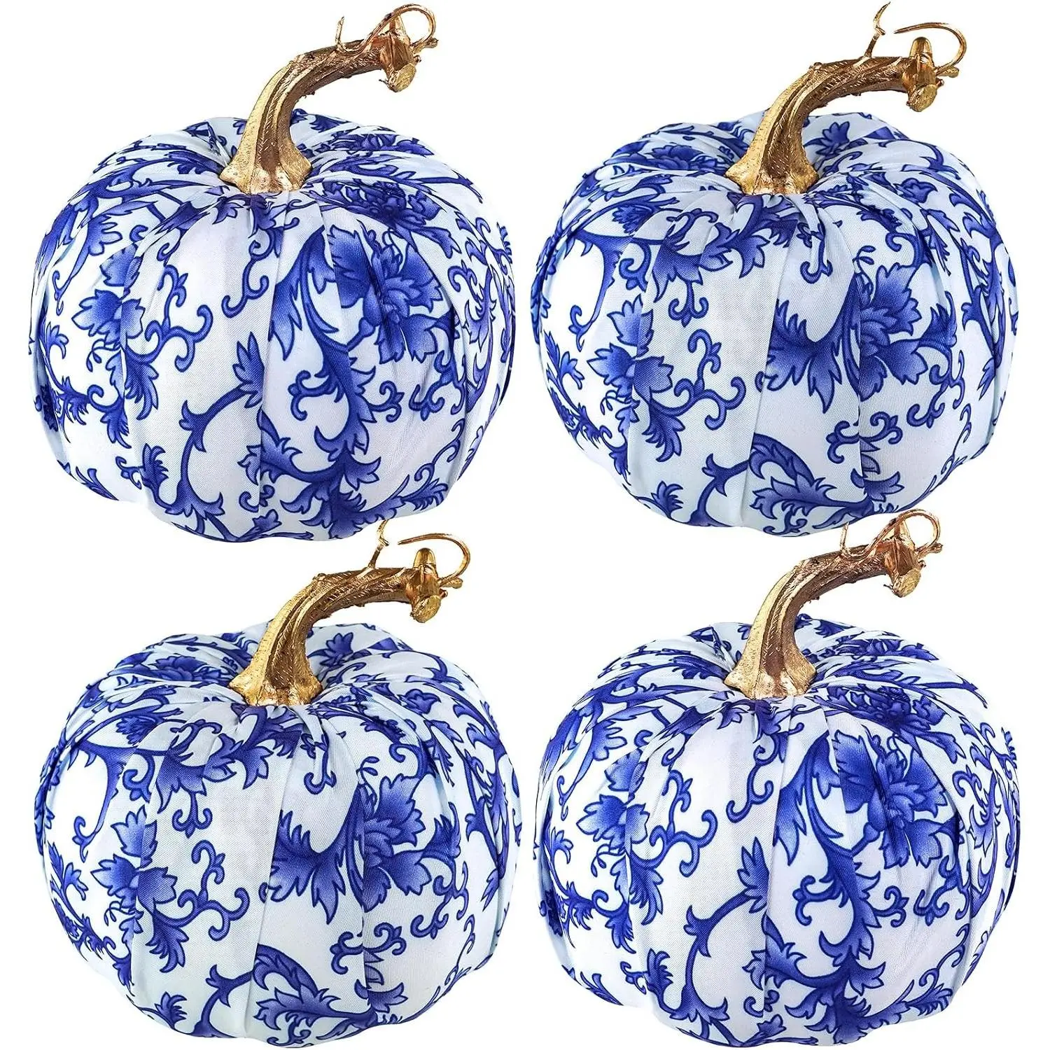 4 Pcs Faux Decorative Blue and White Fabric Pumpkins Chinoiserie Chic Pumpkins Foam Pumpkins for Gifts Farmhouse Thanksgiving Halloween Fall Wedding Table Centerpiece Mantel Bowl Decorations