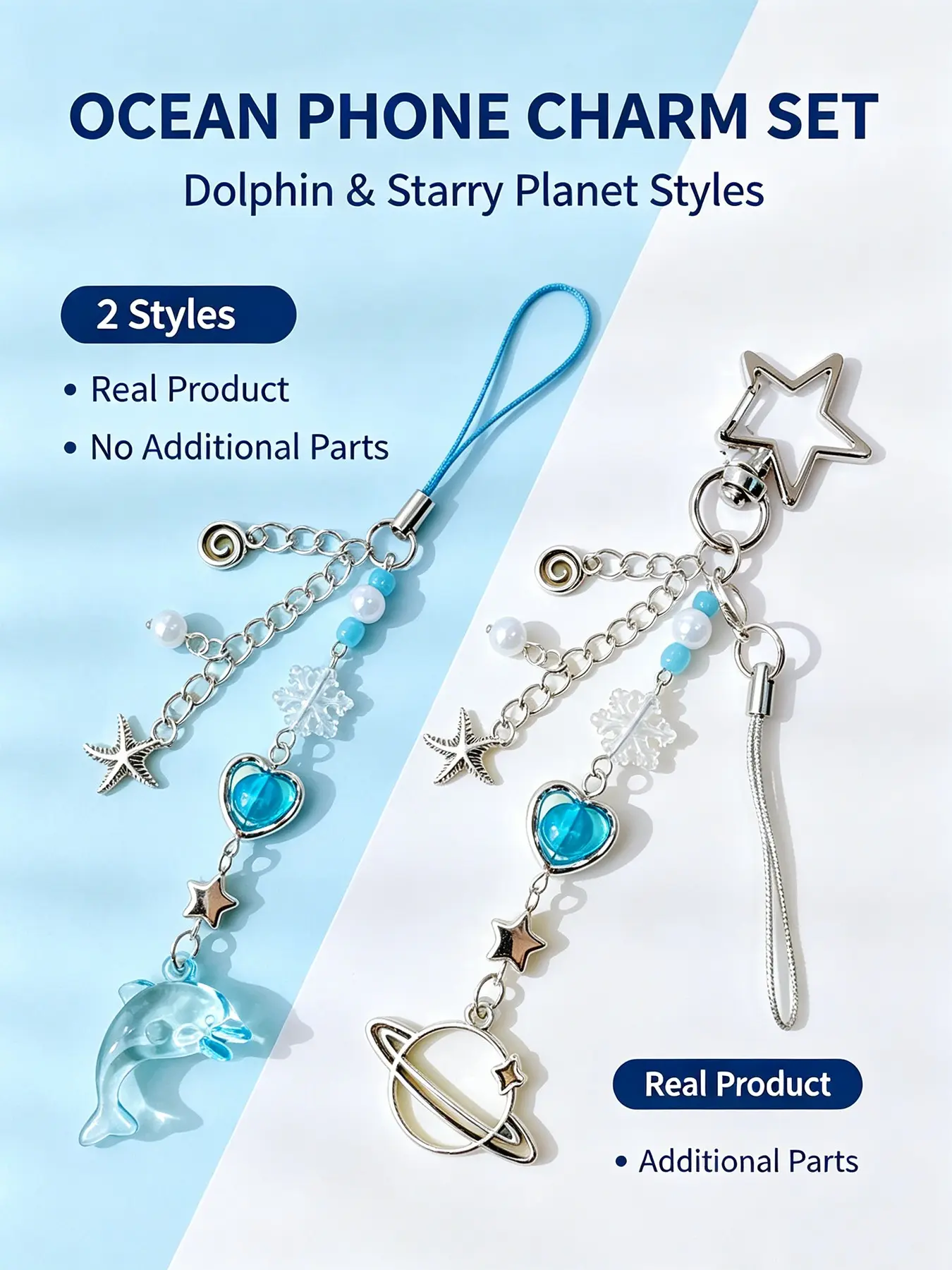 Cute Glitter Star Planet Transparent Dolphin Phone Bag Charm 2 Styles Aesthetic Silver Metal Pendant Portable Clip On Handbag Keychain Decor Sweet Fashion Accessory Gift For Teen Girls Women Mobile Phone Case Ornament