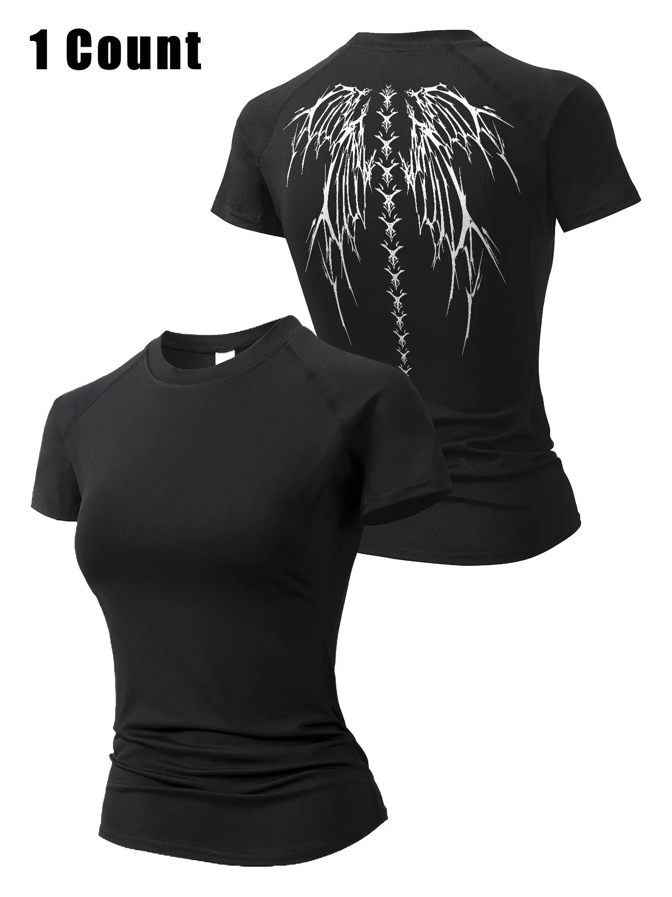 Women's Skull Wing Print Round Neck Sports Tee, Casual Quick Drying Breathable Tight-fitting Sports T-shirt, Fitness Shirts for Yoga Running Gym Training, Ladies Sportswear for Summer