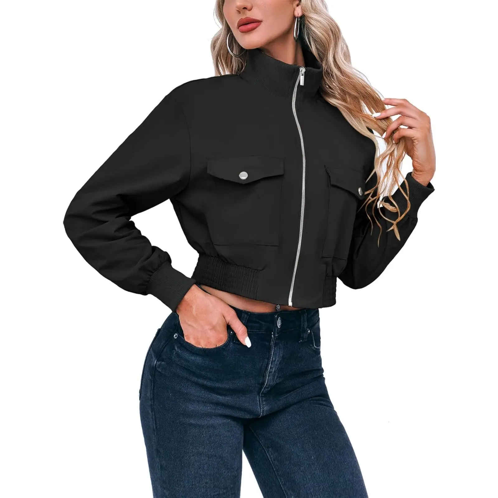 Women's Cropped Bomber Jackets Lightweight Zip Up Stand Collar Long Sleeve Short Jacket with Pockets