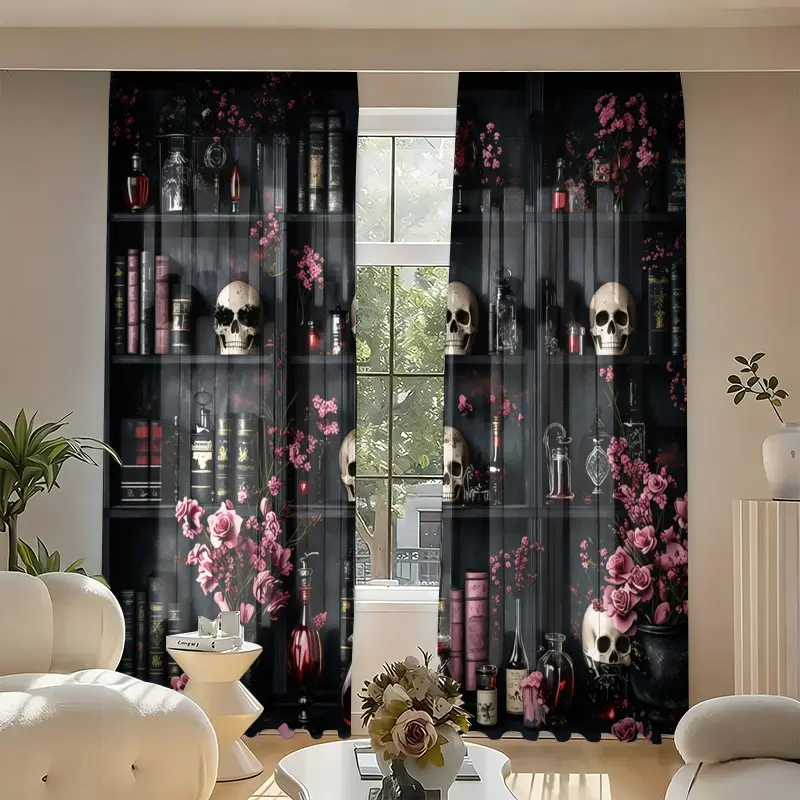 2 pieces of dark gothic-style magic bookshelf with printed decorative curtains, resistant to fading, washable by hand and machine, suitable for Halloween home decoration, Interior Decoration Accessories