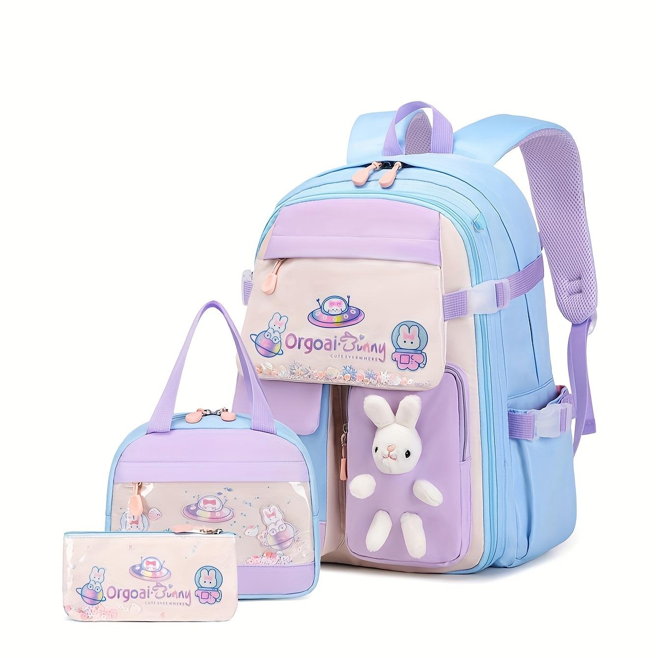 (New)Cute Rabbit Girls Backpack Three-Piece Set: Includes Handbag and Pencil Case, Lightweight Nylon Material, Adjustable Straps