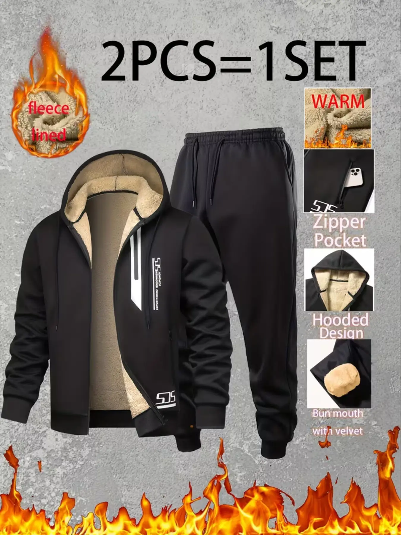 Men's Fleece Lined Hooded Sports Set, Letter Print Sweatsuit, 2-Piece Winter Warm, Soft Fleece Jacket & Drawstring Pants, Fashionable