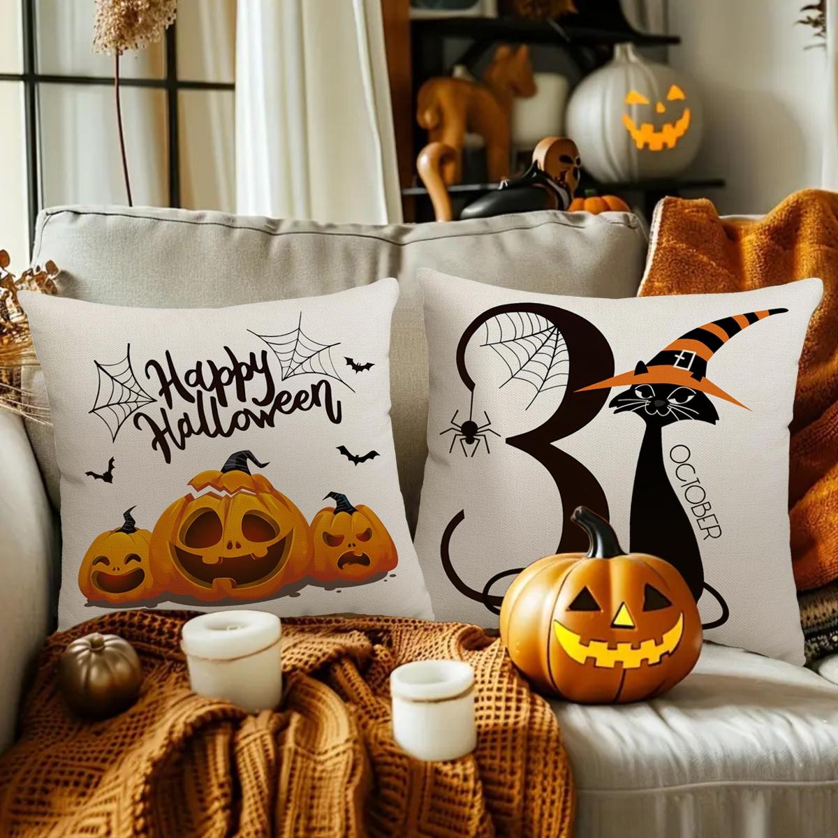 Halloween Themed Pillow Cover, 4 Counts/set Pumpkin & Cat & Skull Pattern Cushion Cover without Filler, Halloween Decoration, Decorative Pillow Cover for Home Sofa Bed