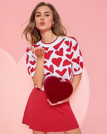 Saodimallsu Womens Oversized Heart Cardigan Color Block V Neck Button Long Sleeve Chunky Valentines Sweaters with Two Pockets & Contrast Trim