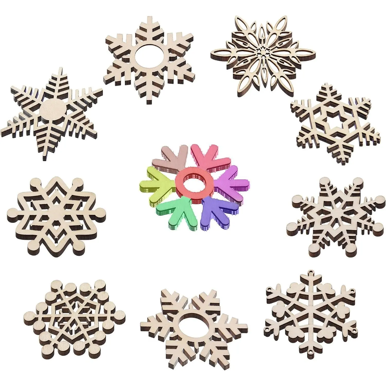 60 count 3.15IN Wooden Christmas Snowflake Ornaments Bulk with Hole,Unfinished Blank  Snowflake Cutouts,  Slices Decorations for Christmas Tree DIY (4.83, Ounces)