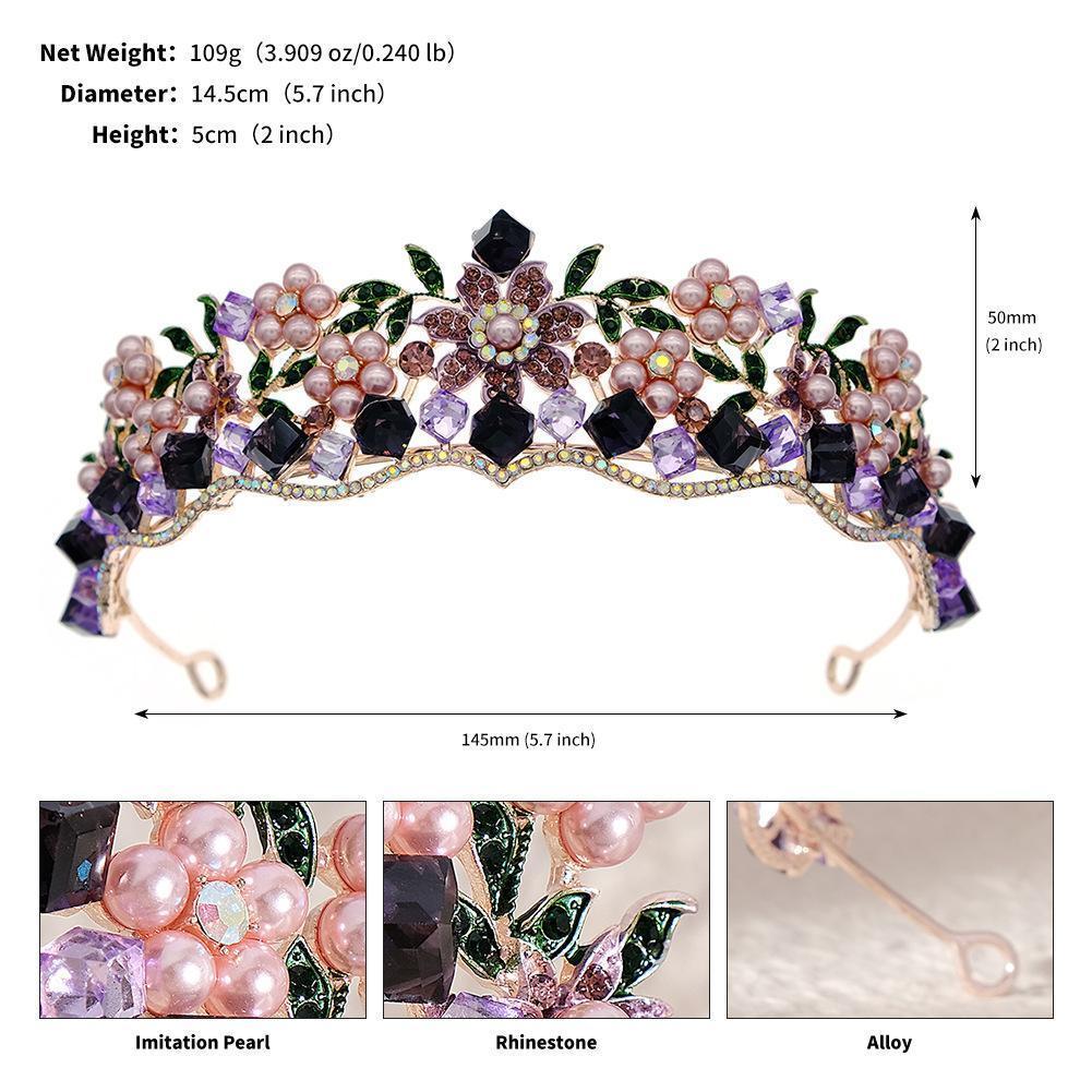 Baroque Purple Crystal Wedding Crown for Women Rhinestone Pearls Tiaras and Crowns Queen Bride Headdress Girls Hair Jewelry