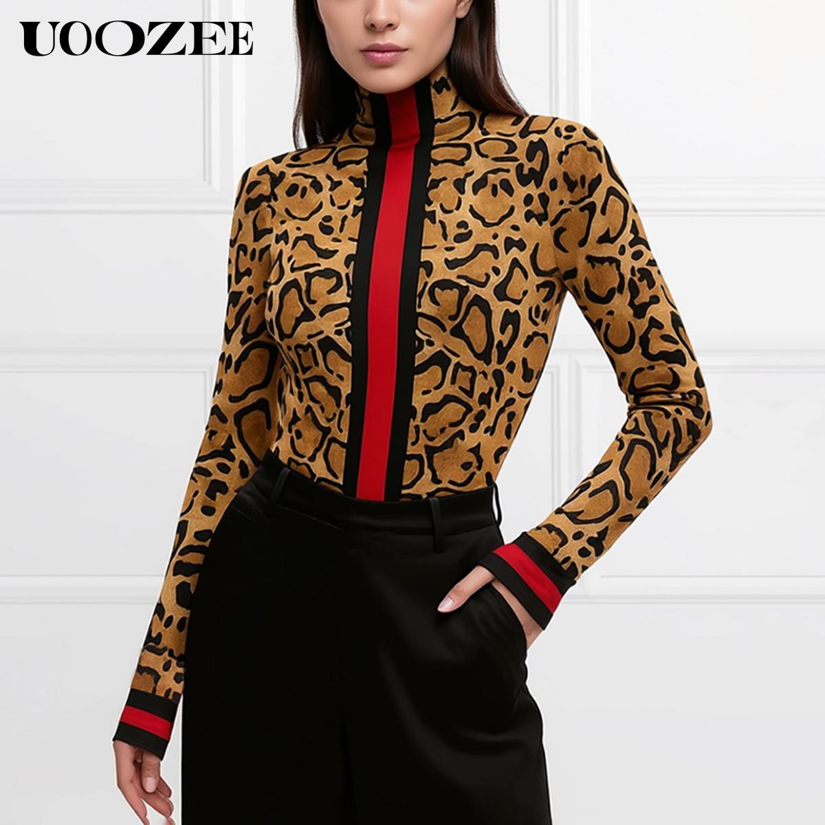 UOOZEE Women's New Fashion Retro Leopard Print Tight-fitting Skinny Contrast Turtleneck T-shirt Top Bottoming Shirt Red and Black Contrast Stripes Spring, Autumn(Sizing Runs Small - Check Size Guide or Order Larger) Casual Long Sleeve cute fall outfits