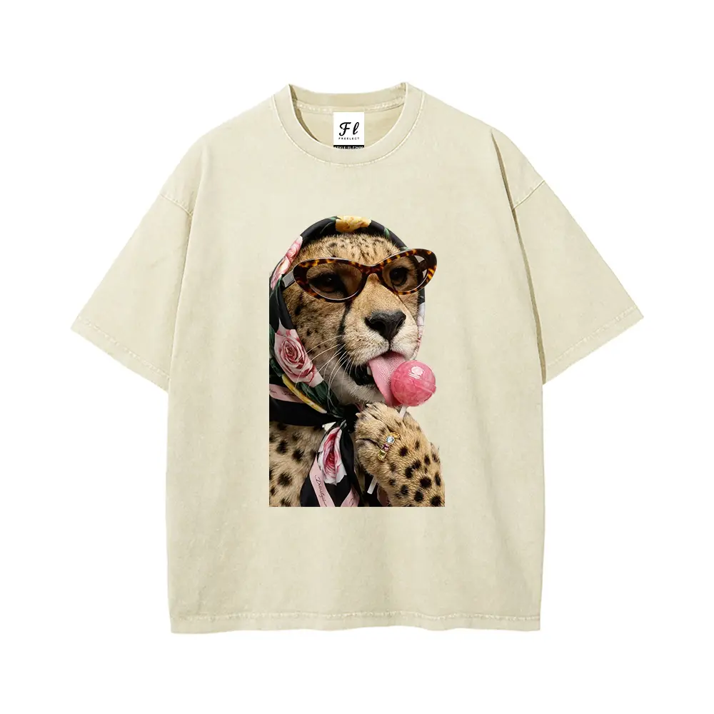 Men's Unisex Vintage Washed Oversized Crew Neck T-Shirt - Cheetah Graphic (Floral Rose Head Scarf, Tortoise Shell Sunglasses, Pink Lollipop, Diamond Ring) - Preppy, Sexy, Romantic Party Top for All Seasons Daily Outfit