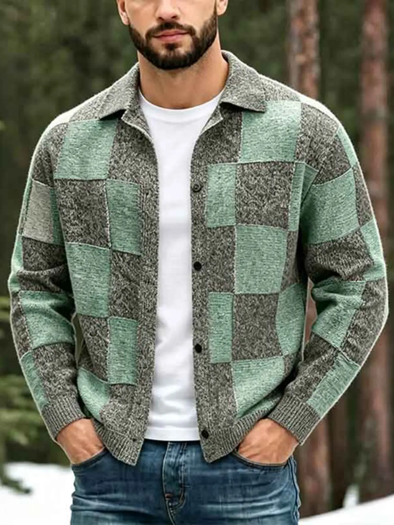 Men's Colorful Plaid Knit Cardigan, Patchwork Check Design, Vintage Stand Collar Soft Button Open Front, Casual Streetwear