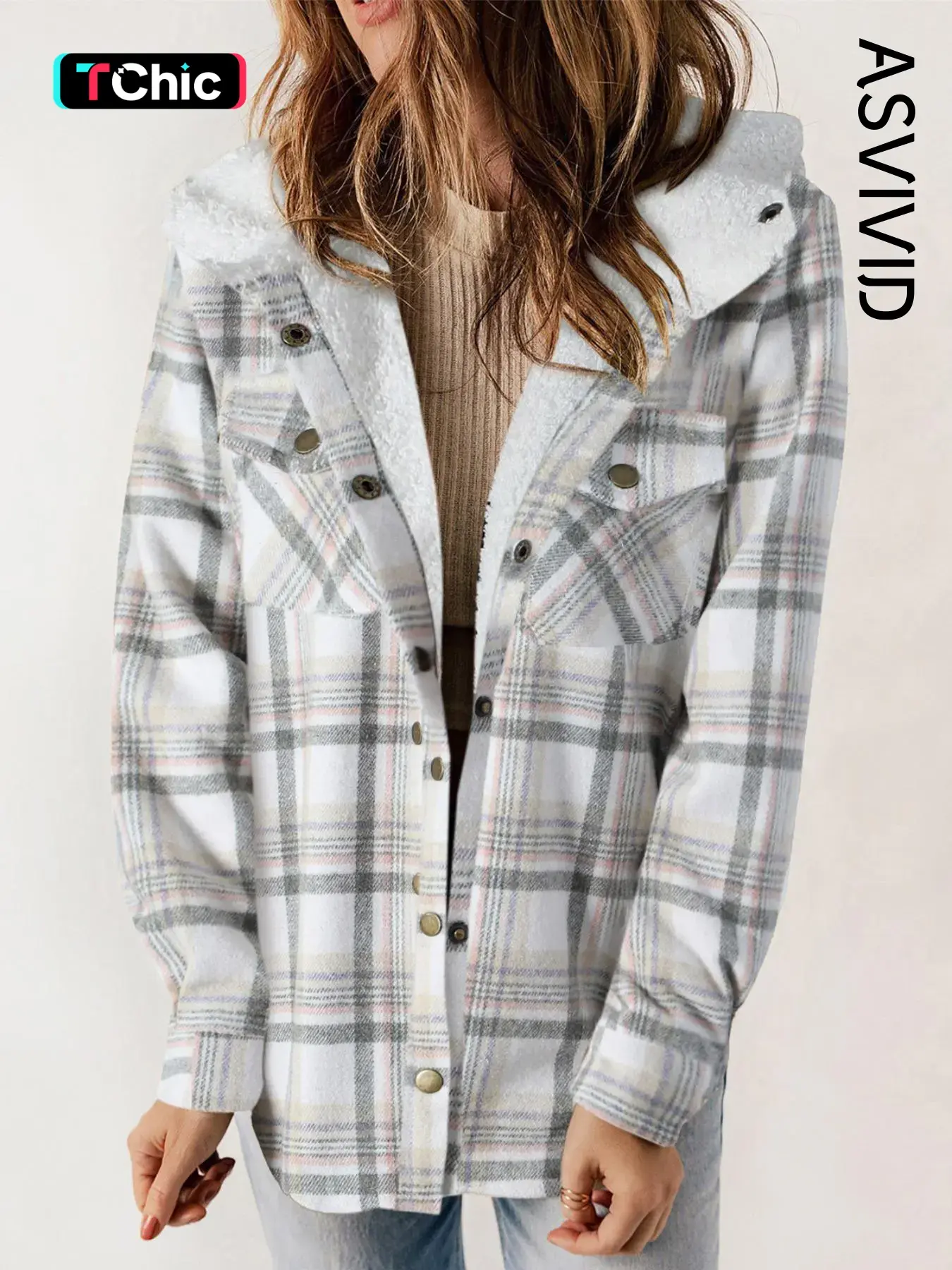 Women's Plaid / Houndstooth Print Button Front Hooded Coat, Casual Long Sleeve Pocket Coat for Fall & Winter, Ladies Outerwear for Daily Wear