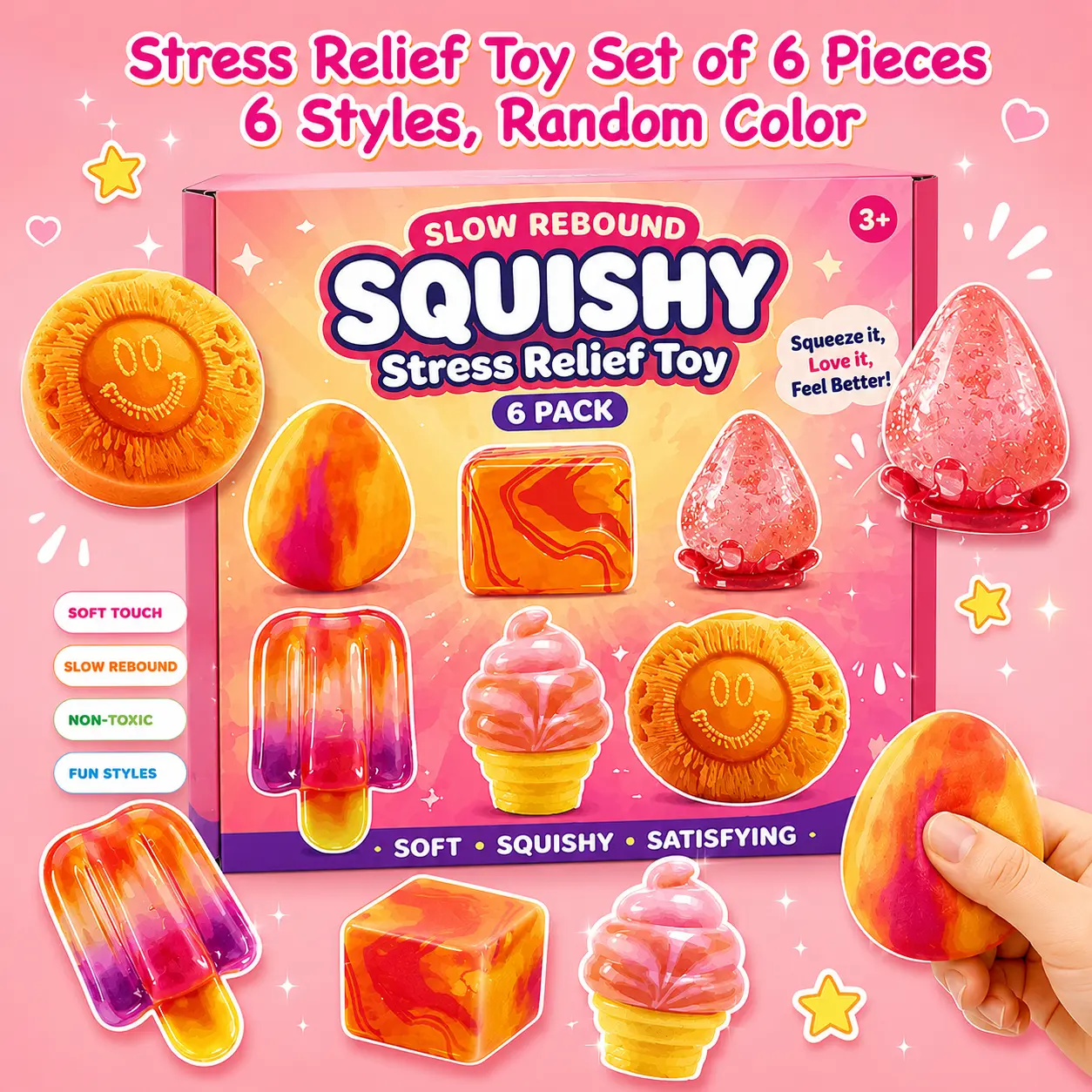 6Pcs Slow Rebound Squishy Toys Set - Cute Ice Cream, Raindrop & Color-changing eggs Sensory Stress Relief Toys for Kids & Adults,Dazzling colors teenage boy gifts