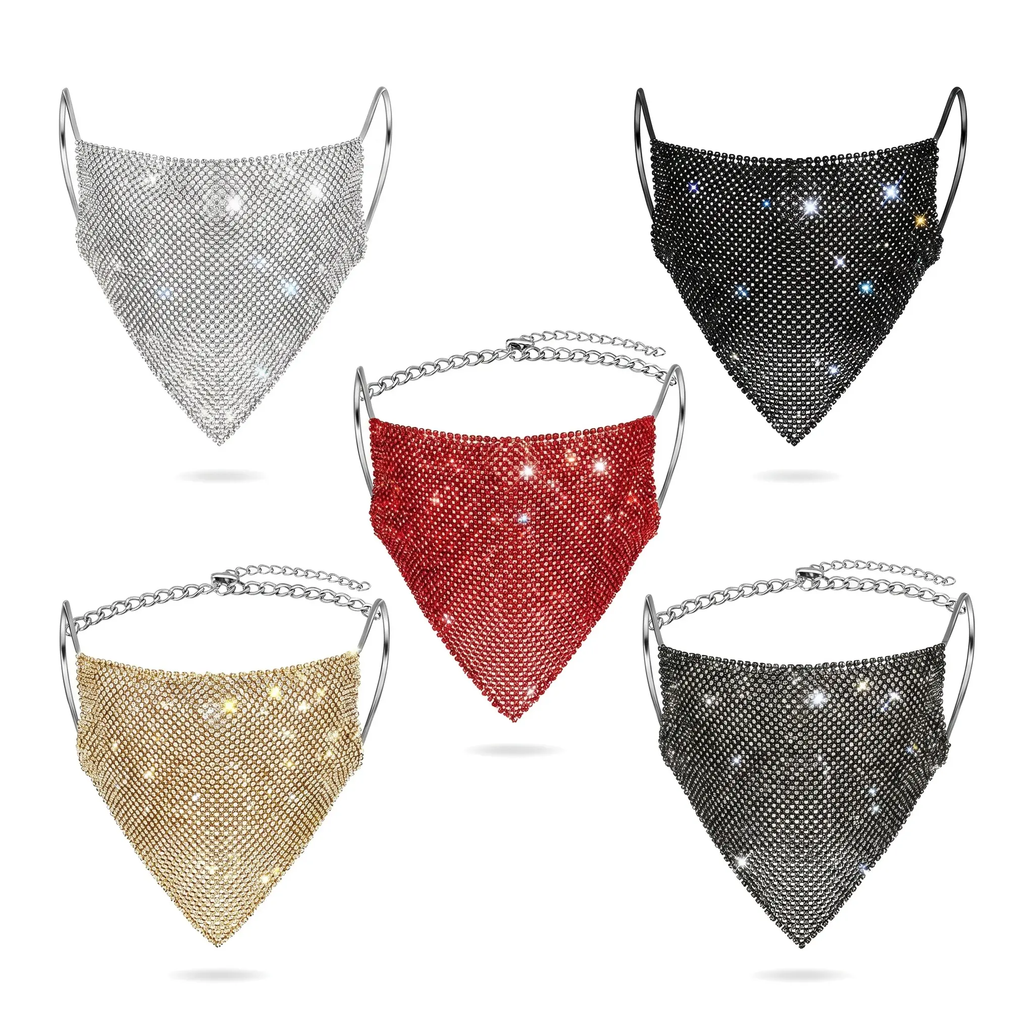 Sparkly Rhinestone Party Mask with Polyester-PU Glittery Metallic Acrylic Pendant, Available in Red, Black, Gold, Silver, Pink