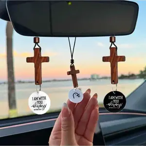 Bible Verse Car Rearview Cross Ornament – Matthew 28:20 Wooden Pendant, Inspirational Christian Decoration for Vehicles, Daily Encouragement Gift