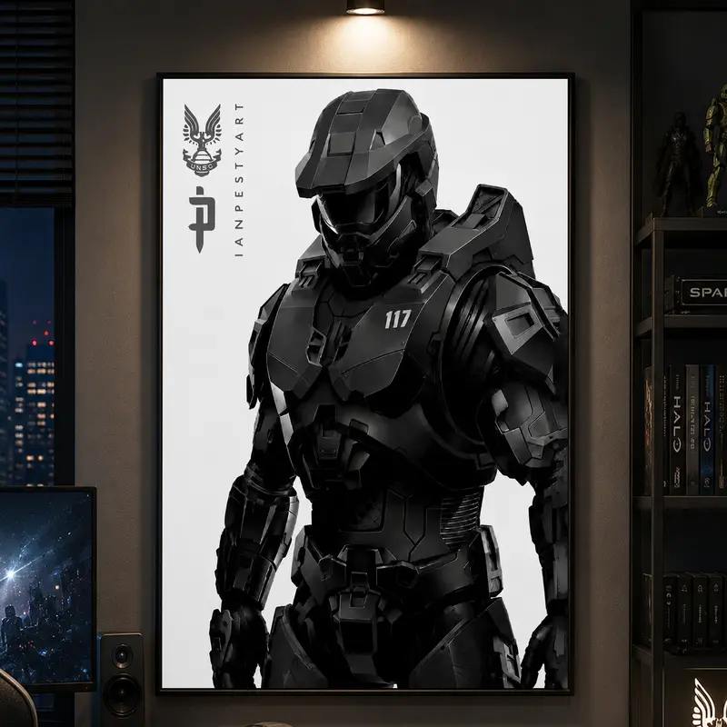 Halo Spartan 117 Canvas Poster, Master Chief Gaming Wall Art, Xbox Inspired Black & White Gamer Room Decor, Modern Sci-Fi Bedroom Poster, Gaming Wall Art, Gamer Room Decor, Video Game Poster, Man Cave Decor, Sci-Fi Wall Art, Gaming Setup Decor