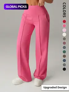 Women's Plain Loose Straight Leg Pants, Wide Leg High Waisted Sportswear Athletic Sporty Casual Sweatpants with Pockets, Athleisure Bottoms, Casual Comfy Sporty, Daily Wear [Fits Small - Size Up Recommended]