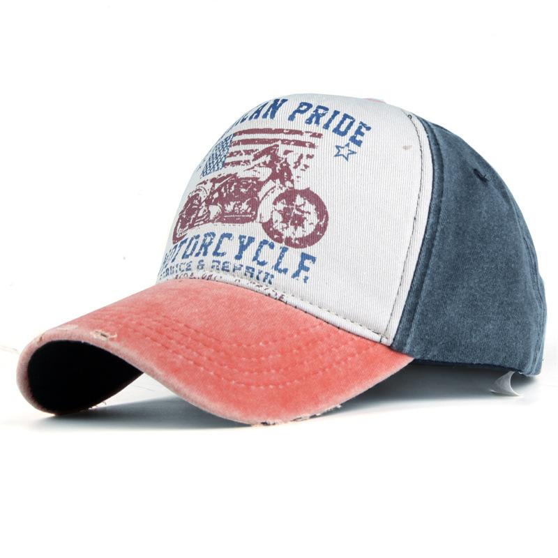 Pure cotton five-panel printed motorcycle baseball cap, trucker cap, distressed washed hat, outdoor sun hat, trendy Korean style