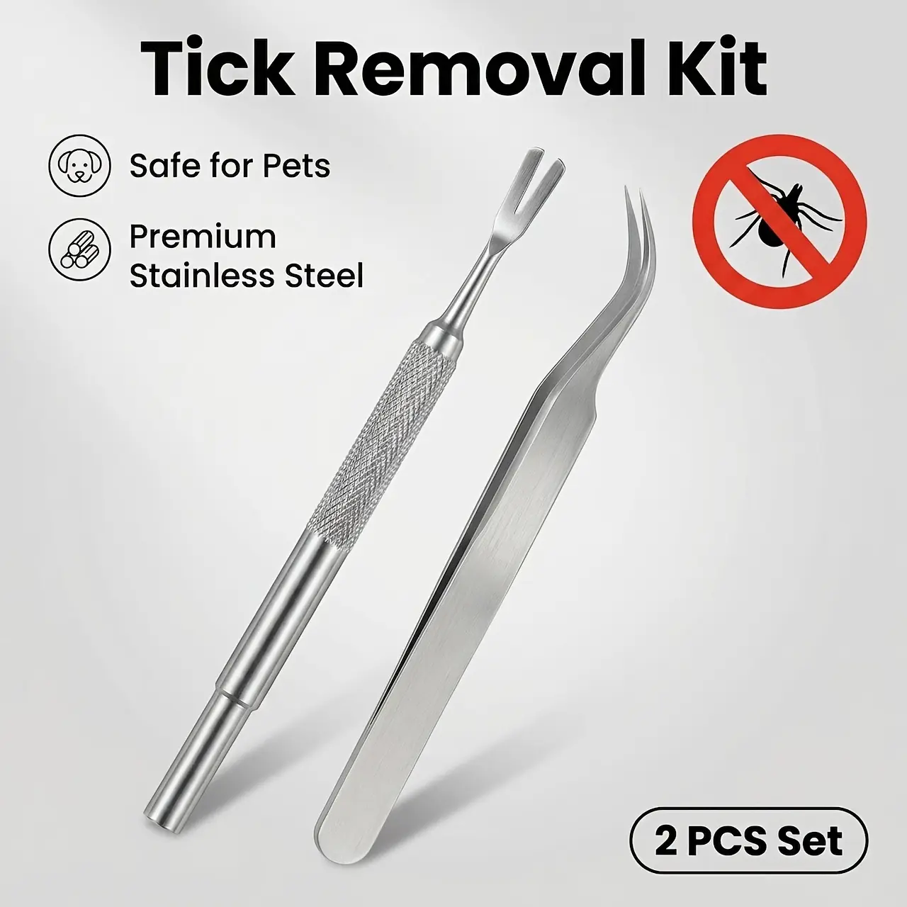 2-Piece fork forceps set for ticks, made of 1 piece of stainless steel to create high-end quality. Can be sterilized and reused. The non-slip handle is easy to operate, accurately locks the position, and can completely remove ticks without damaging the
