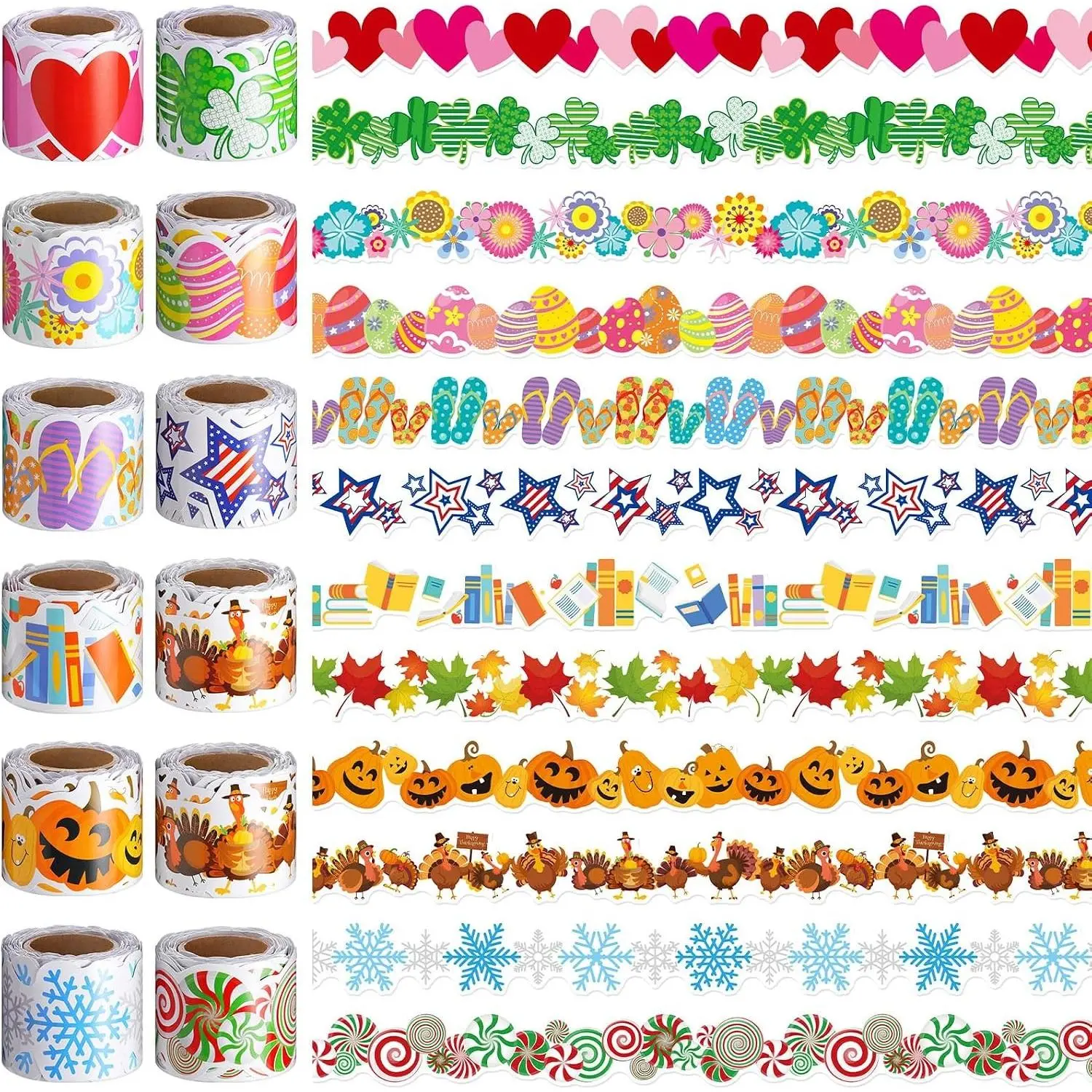 12 Rolls 394 ft Holiday Bulletin Board Borders Seasonal Trim Decor | Seasonal Designs for Teachers, Summer Fall Winter Holiday Themes, Back to School Supplies, Decorative Trim Strips