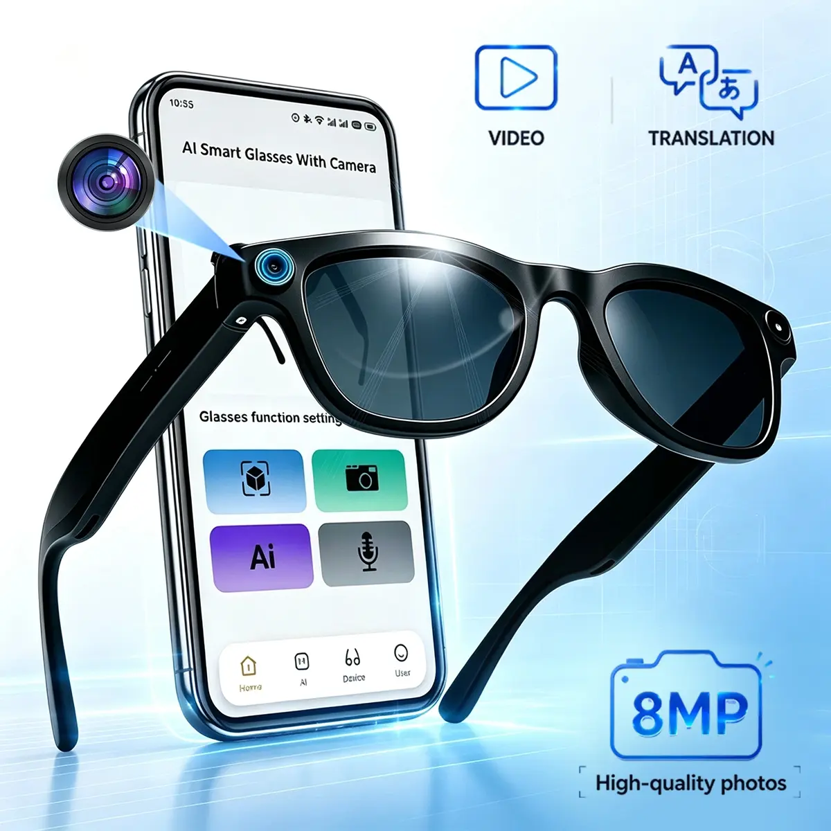 8MP AI Smart Glasses with Camera, Bluetooth Music & Calls, HD Video Recording, AI Translation, UV Protection, Retro Fashion Style, Wearable Tech Gift for Men & Women, AI Smart Sunglasses