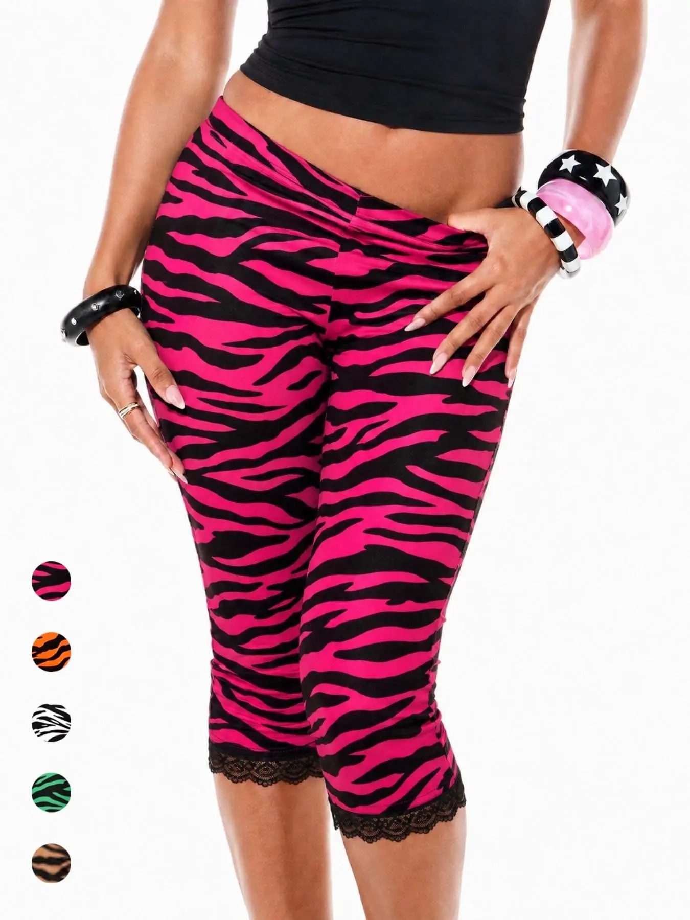 Women's Pink Zebra Print Skinny Capri Leggings, Y2K Slim Fit Knee Length Pants with Lace Trim for Streetwear, Going Out, Party, Gym Casual and Summer Daily Wear