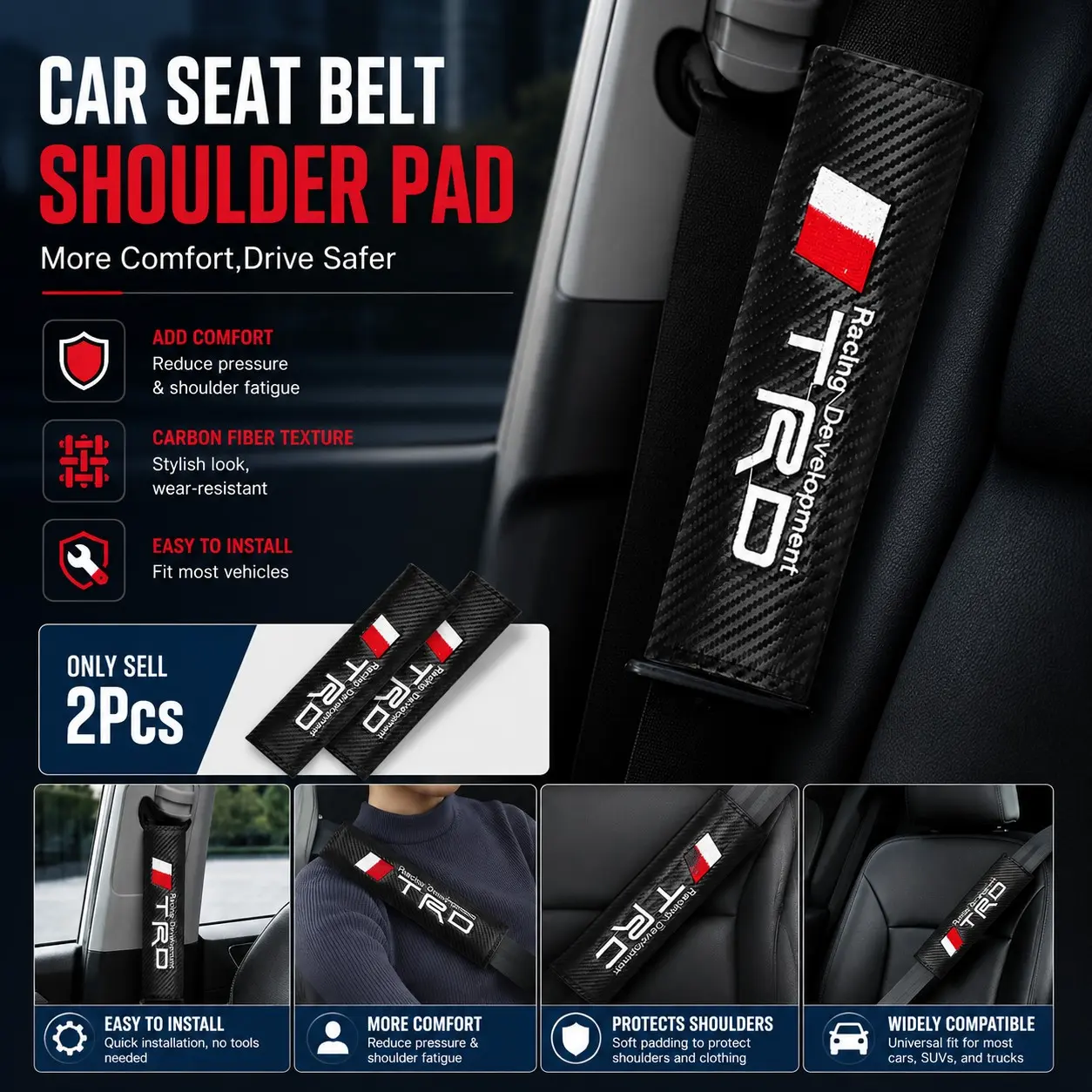 2PCS TRD Seat Belt Shoulder Pads for Toyota Tacoma, 4Runner, Tundra, Camry, RAV4 & 86 | Carbon Fiber Style Soft Seat Belt Covers for Neck & Shoulder Comfort, Car Accessories
